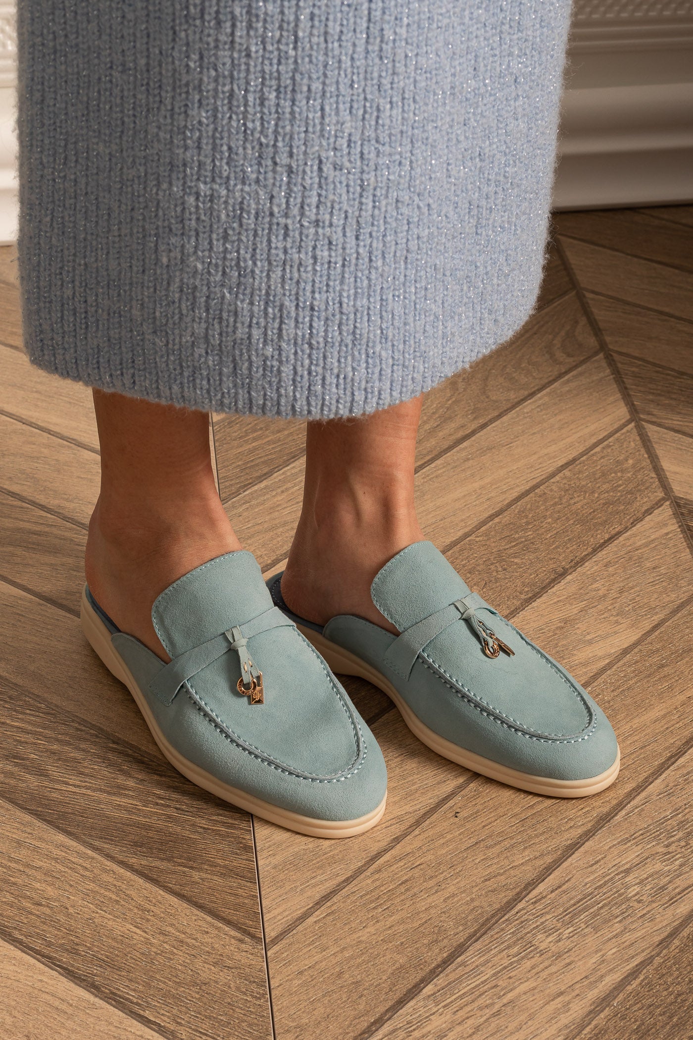 Suede Loafers With Contrasting Sole And Metal Charms - Baby Blue