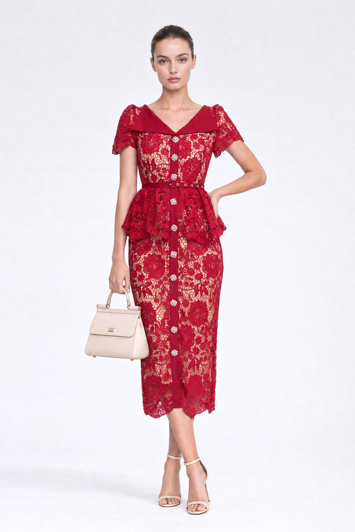 Rochie midi peplum din dantelă cu nasturi din cristal - Roșu 
