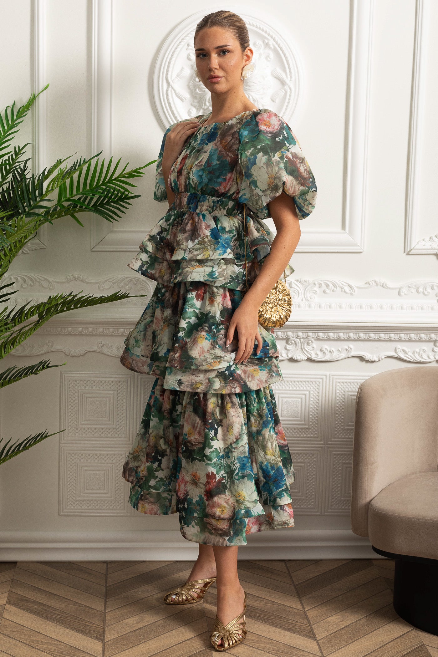 Rochie midi cu volane pe straturi și mâneci bufante - Verde 