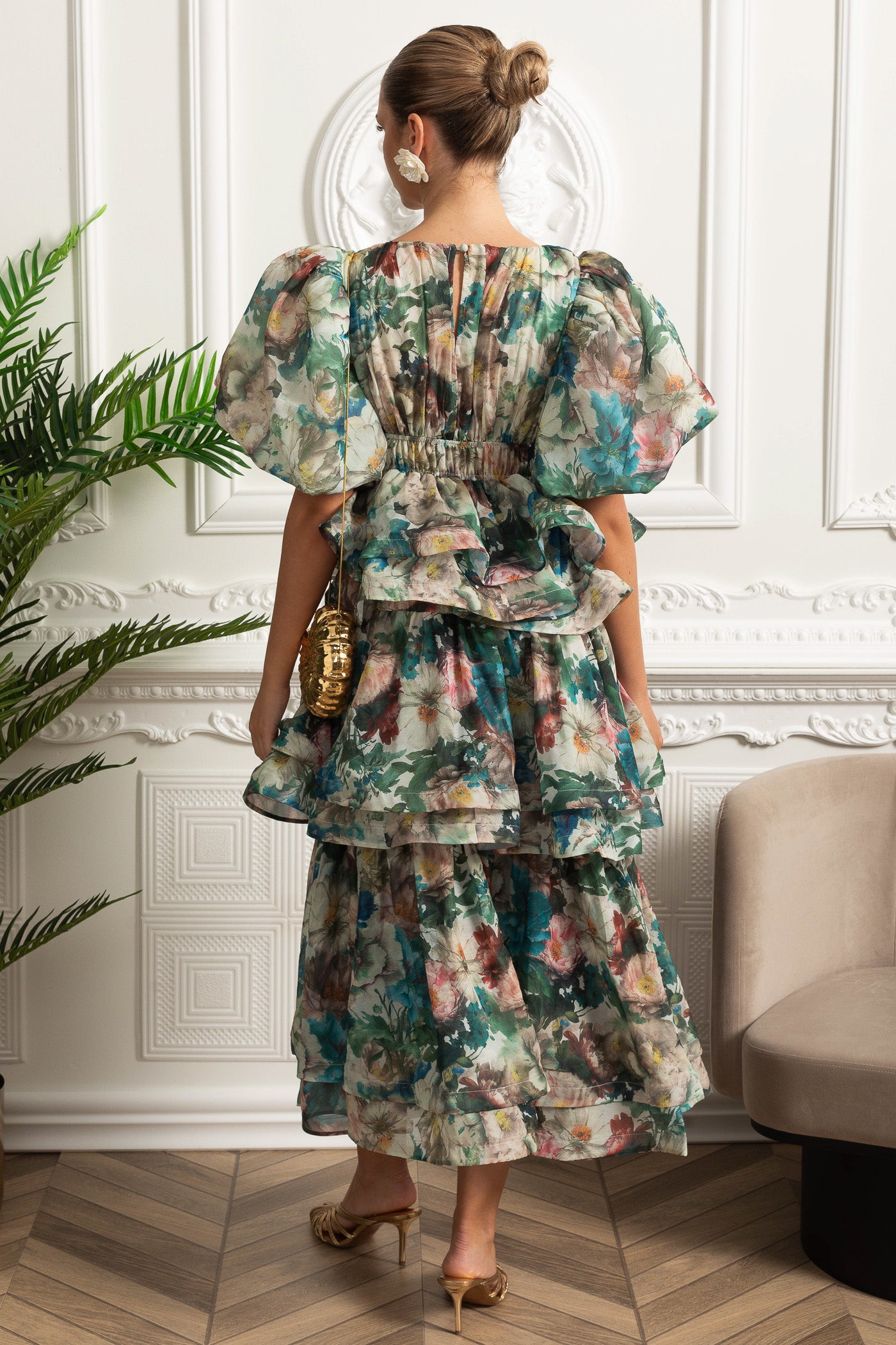 Rochie midi cu volane pe straturi și mâneci bufante - Verde 