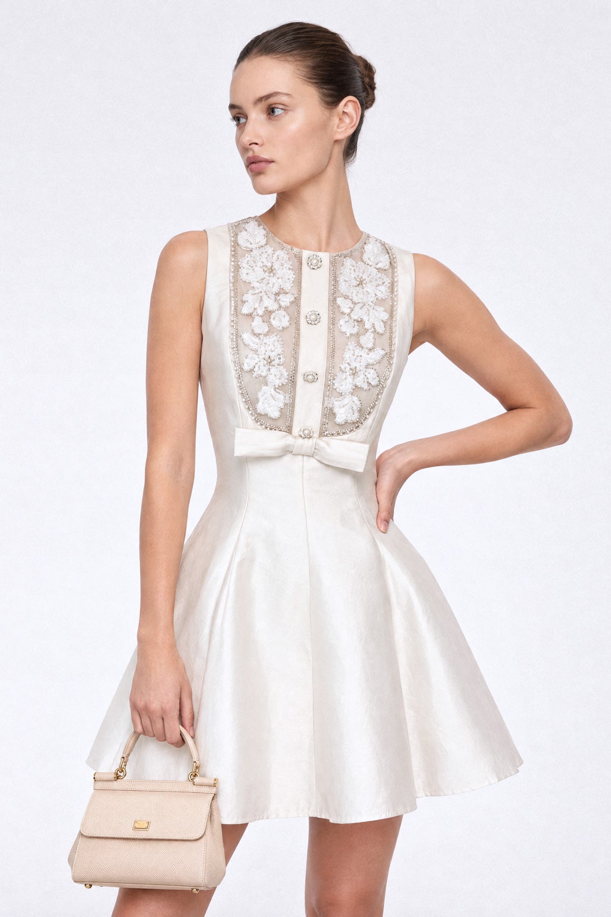 Rochie mini Mikado cu guler decorat - Ivoire 