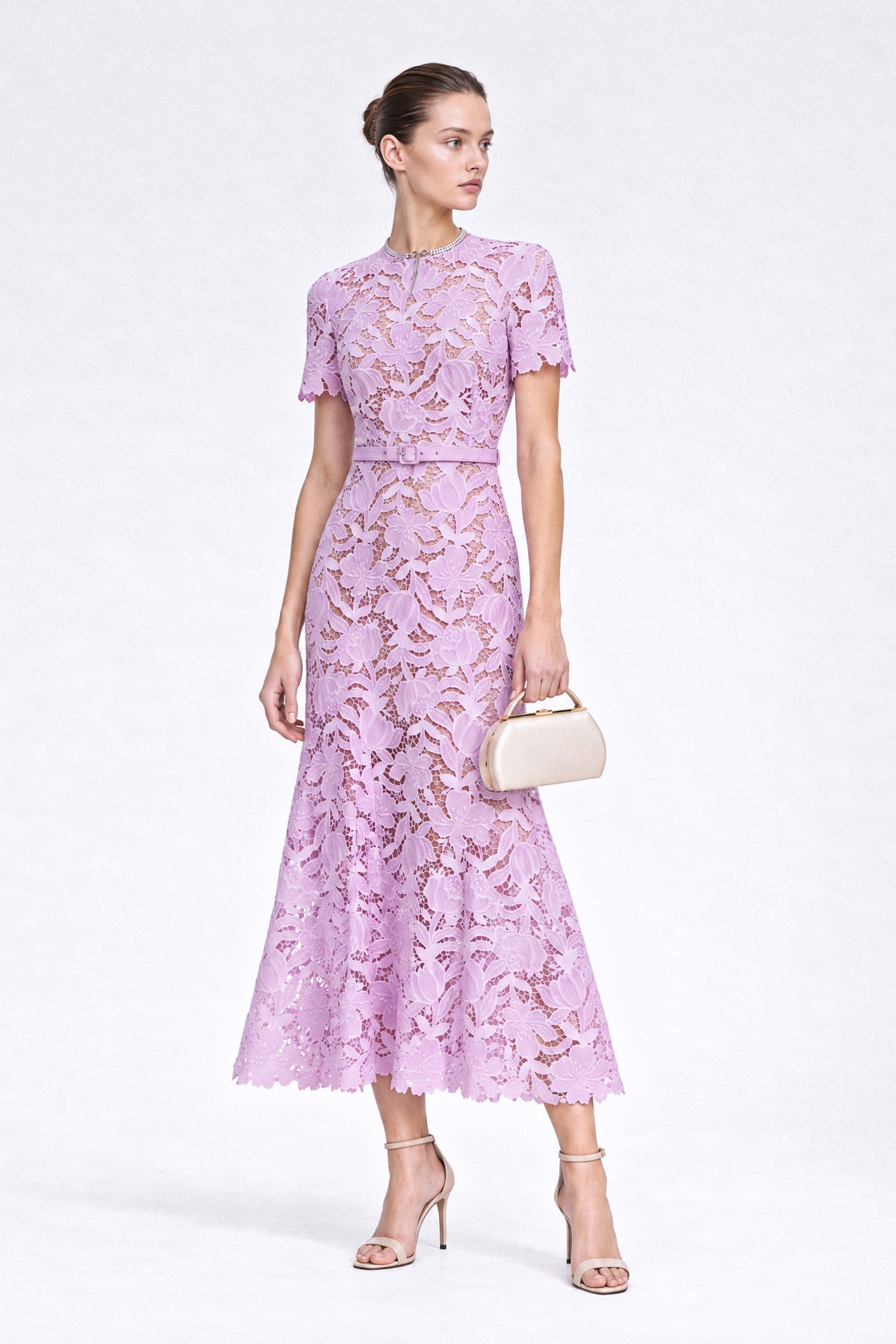 Rochie midi din dantelă Guipure florală - Lilac 