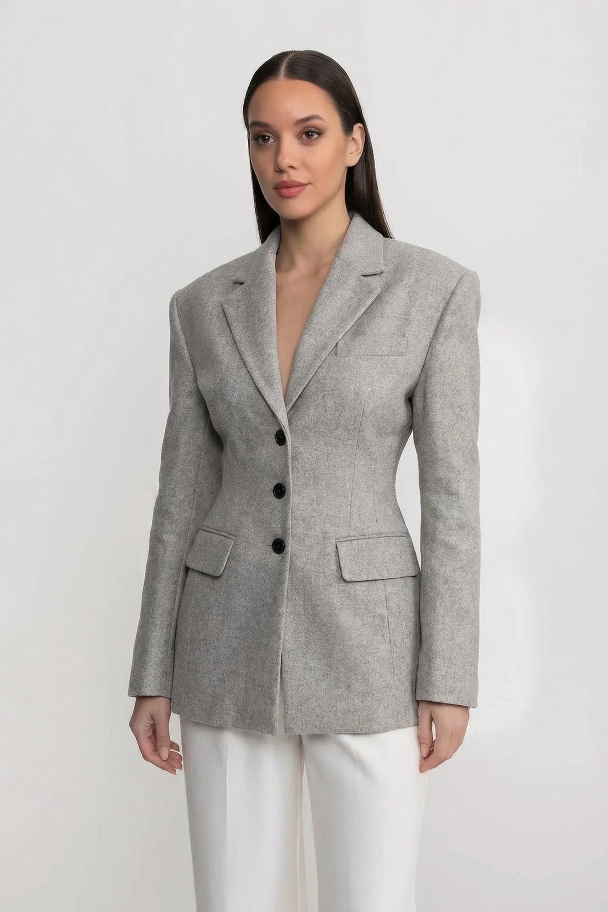 Tailored Longline Blazer With Structured Shoulders - Light Gray