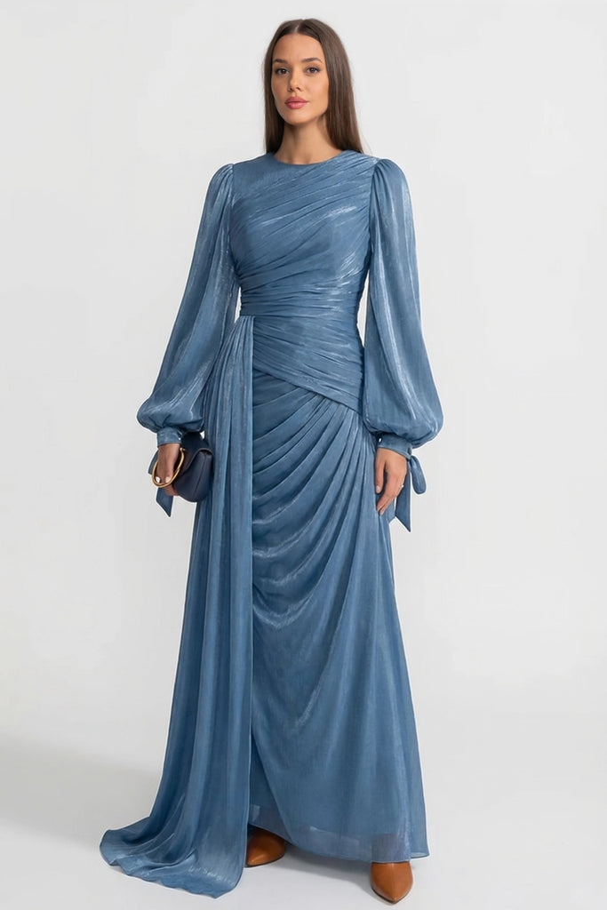 Rochie maxi cu mâneci lungi drapate și talie adunată – baby blue 
