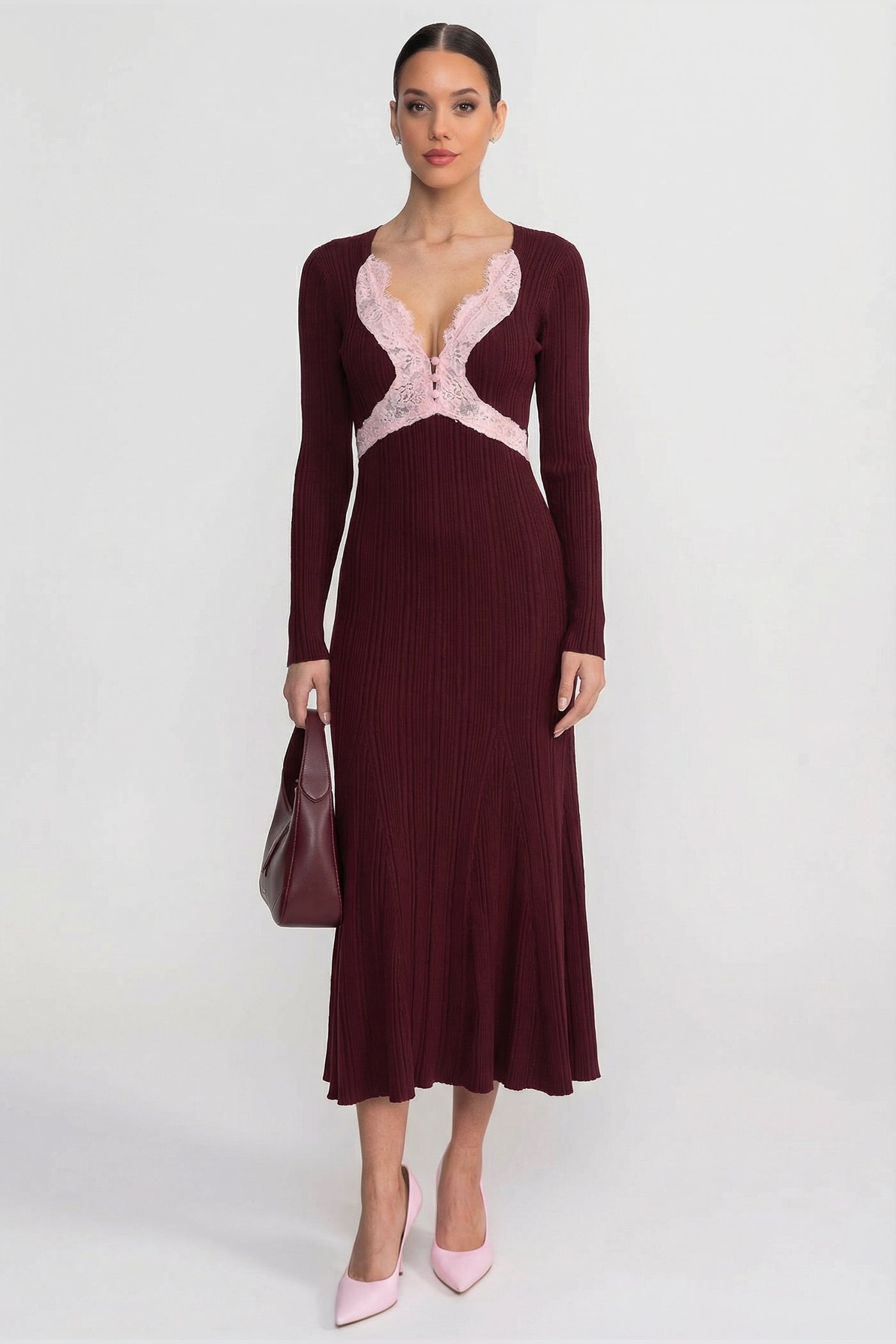 Rochie midi cu mâneci lungi și dungi, decolteu în V cu dantelă - Burgundy 