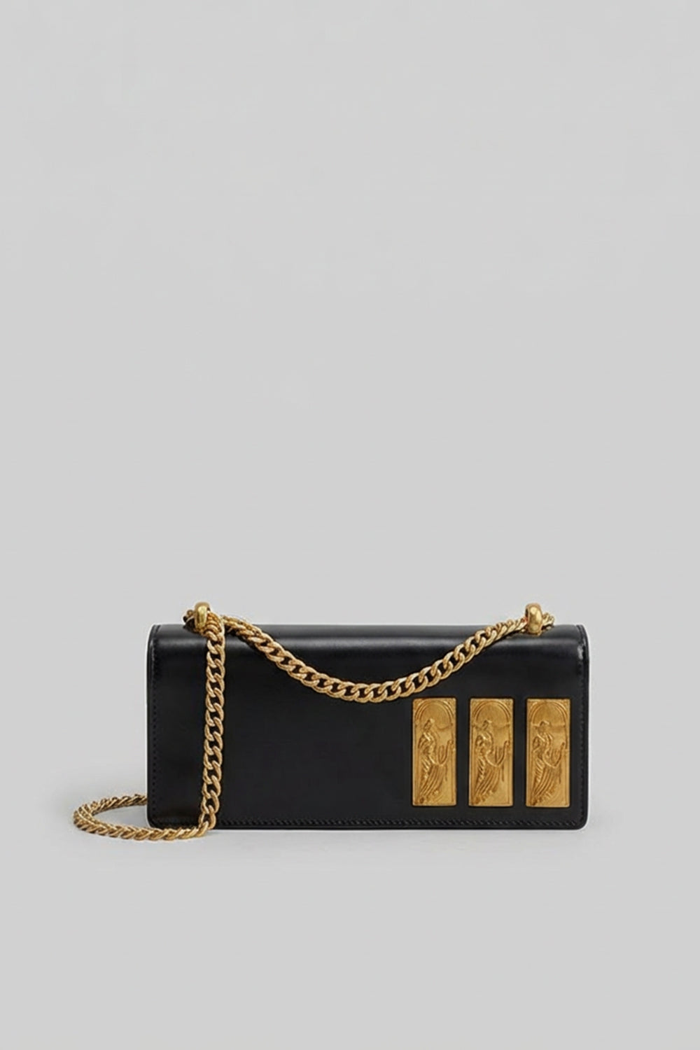 Structured Chain Shoulder Bag With Gold Embossed Plaques - Black
