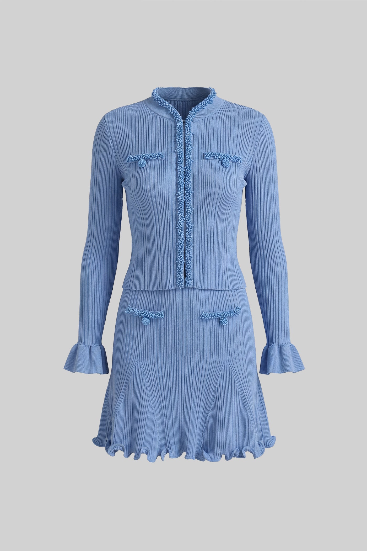 Set cu mâneci lungi din material reiat, cu ornamente din mărgele - Blue 
