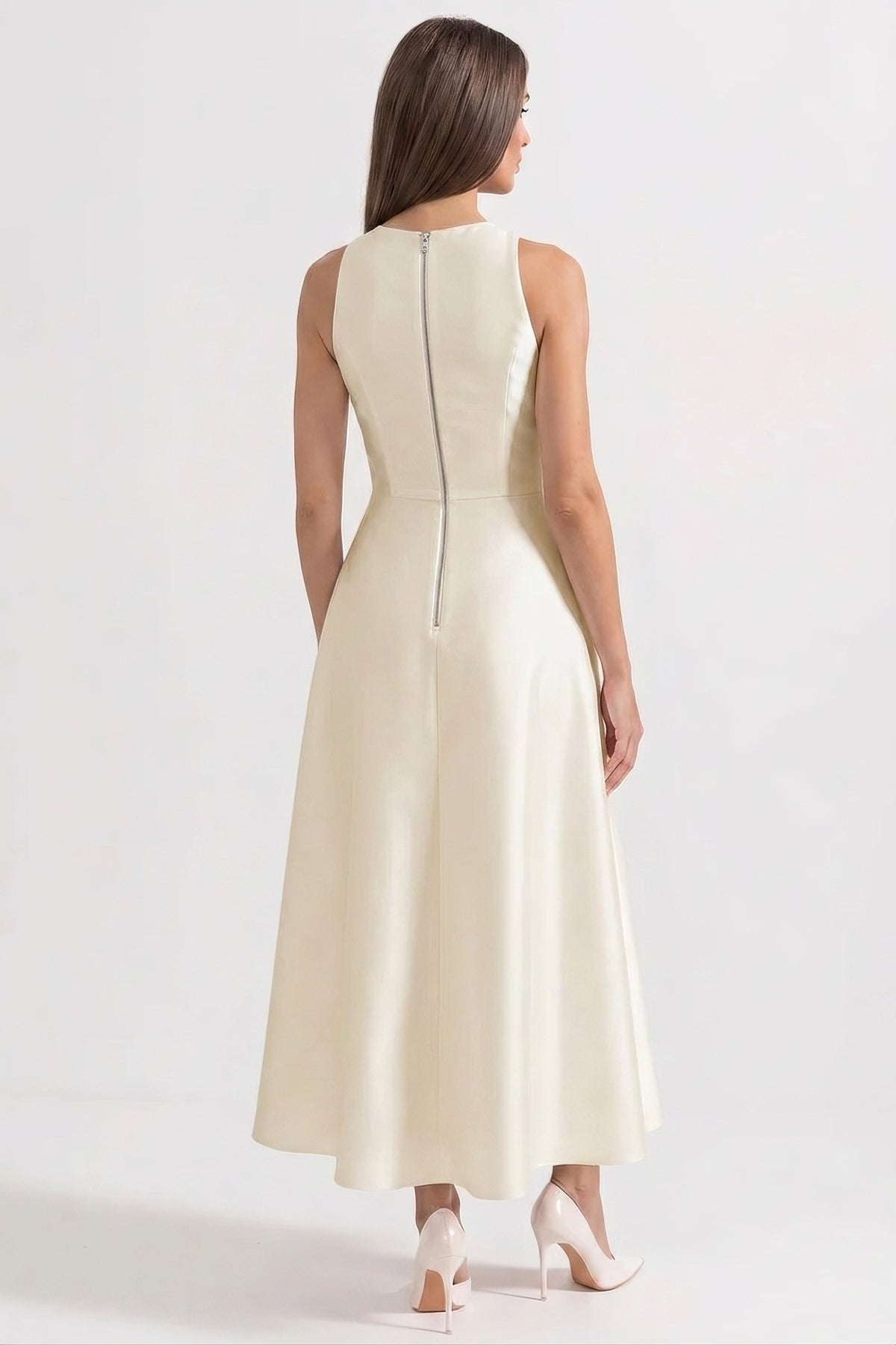 Halter Neck Maxi Dress With Black Bow Bustline And Button Front - Ivories
