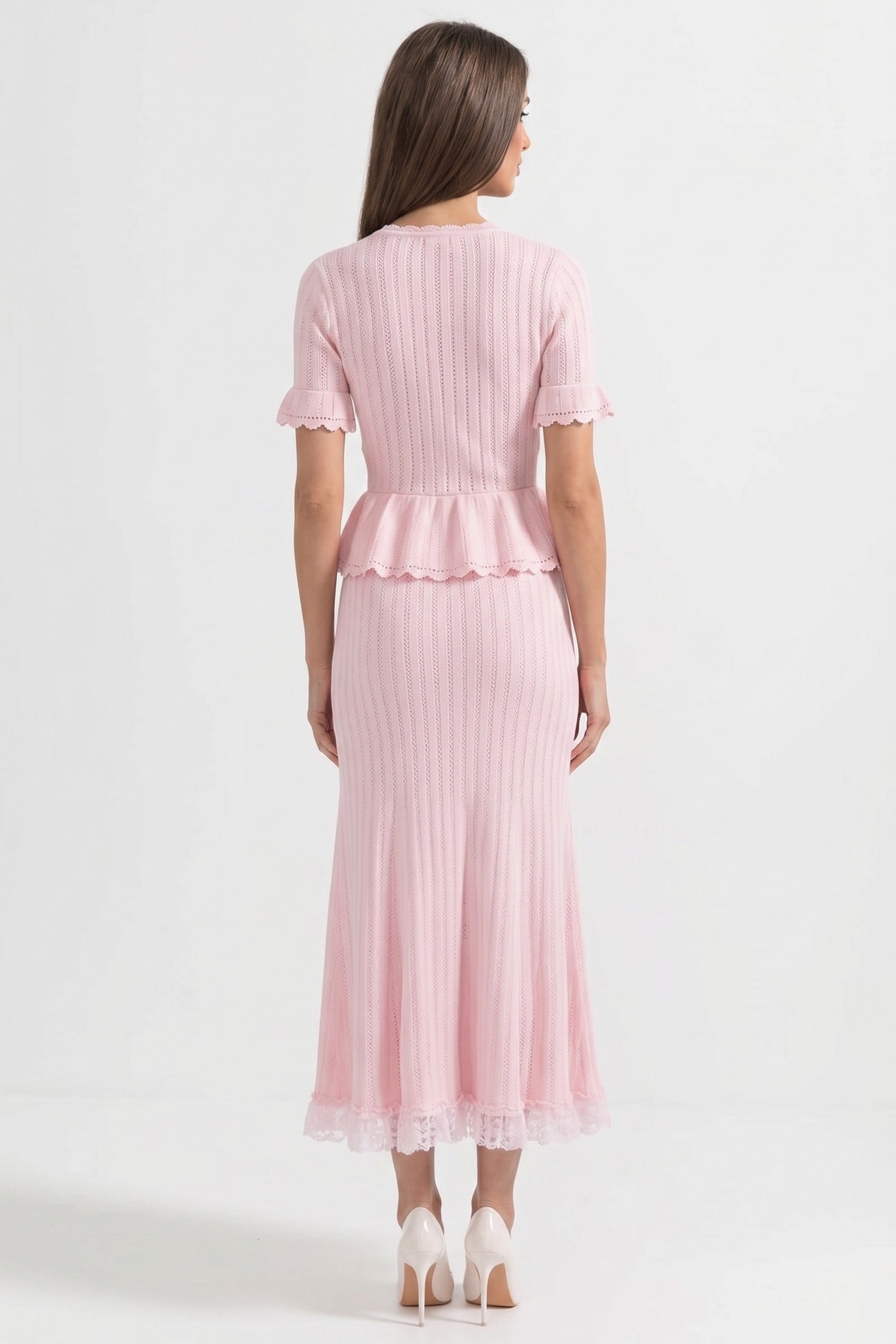 Rochie maxi tricotată peplum cu guler Peter-Pan și tiv din dantelă - Pink 