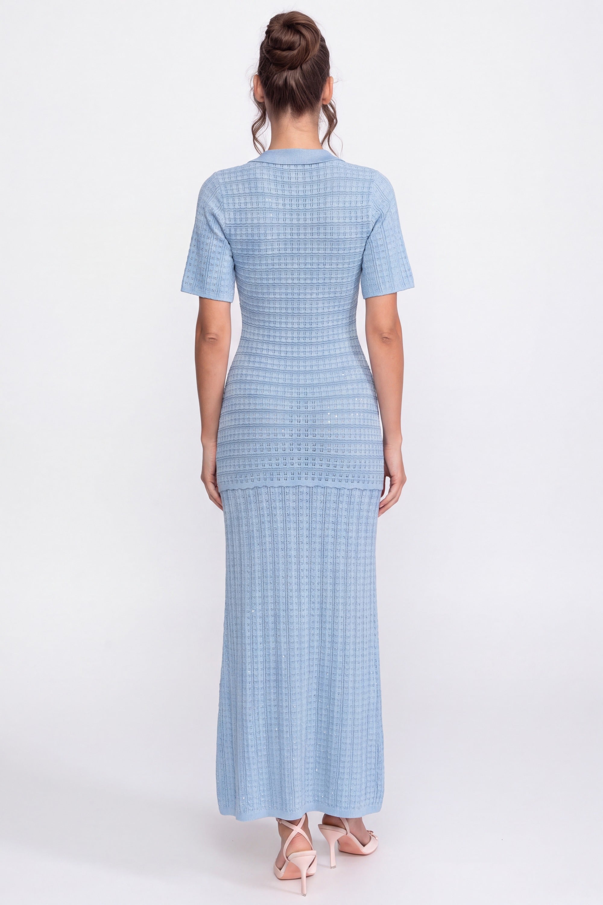 Rochie midi cu mânecă scurtă și textură tricotată strălucitoare - Light Blue 