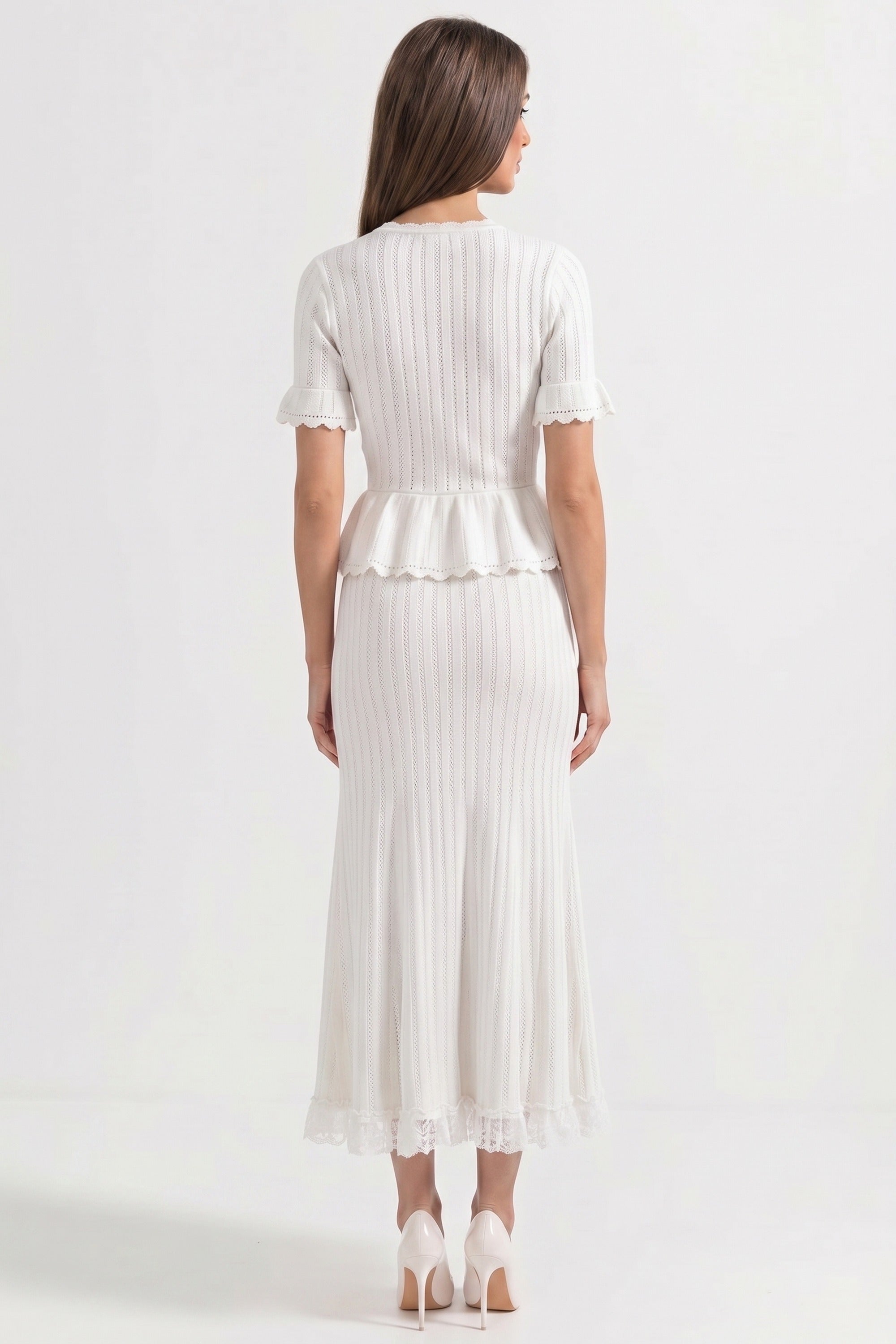 Rochie maxi tricotată peplum cu guler Peter Pan și tiv din dantelă - Alb 