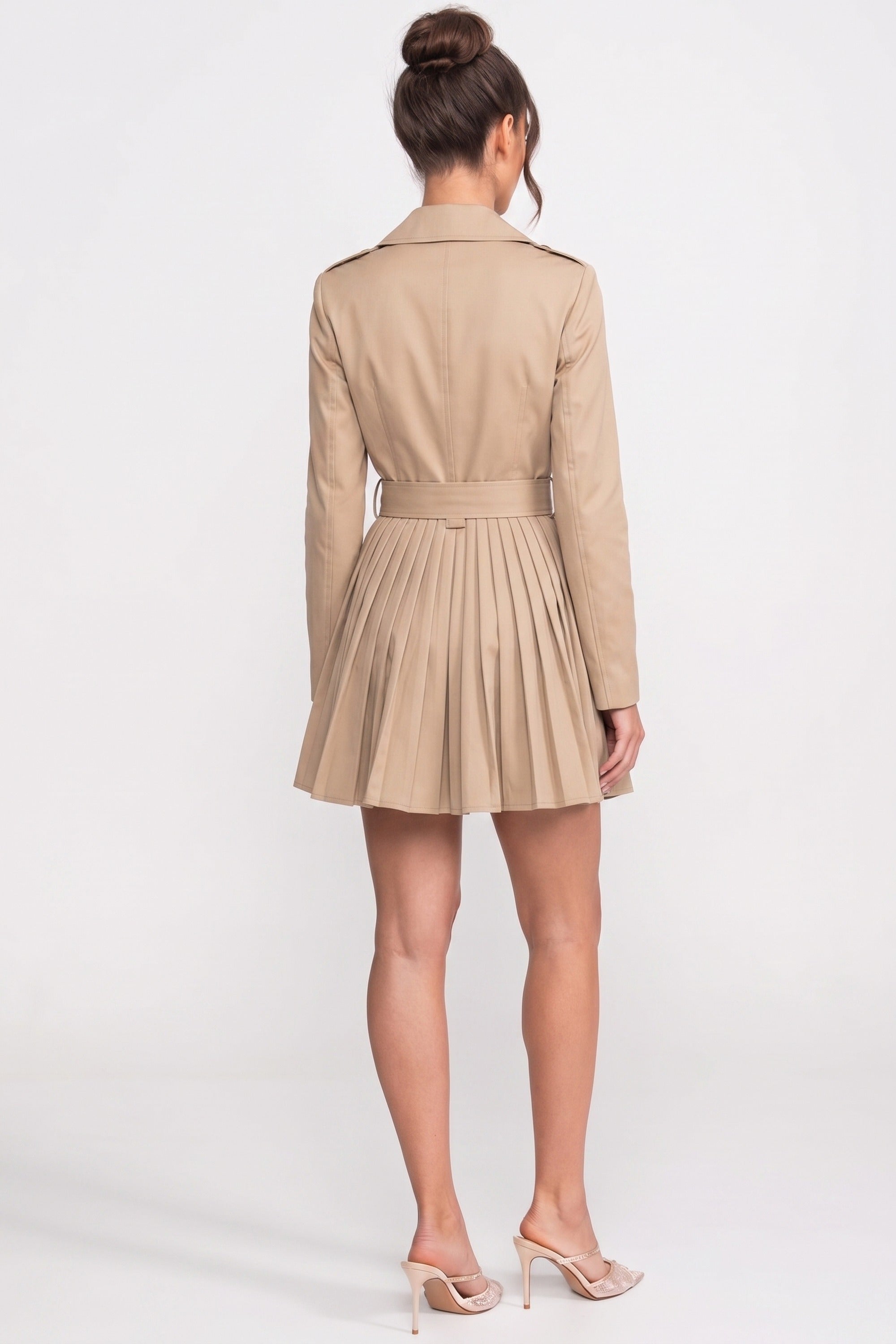 Trench coat cu două rânduri de nasturi și curea, cu fustă plisată - Khaki 