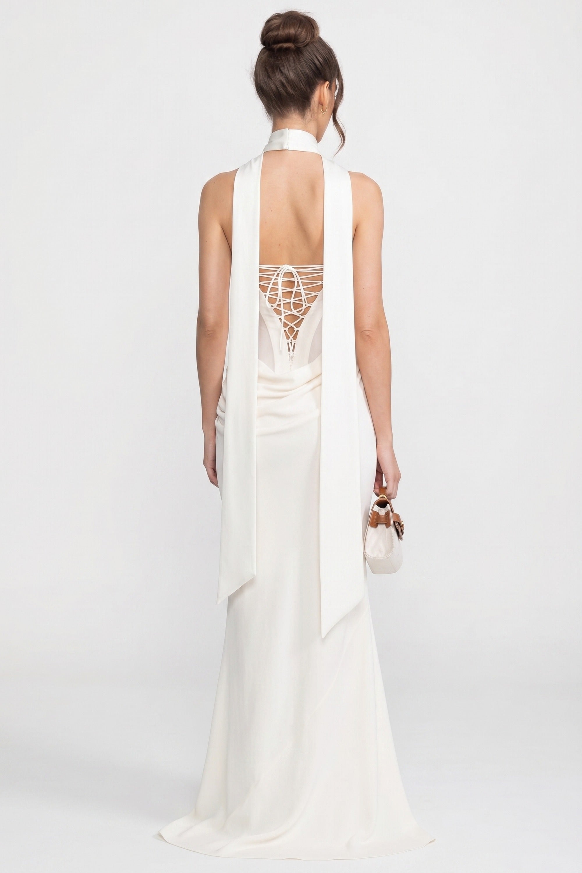 Strapless Draped Maxi Gown With Cowl Neckline And Sheer Scarf - White
