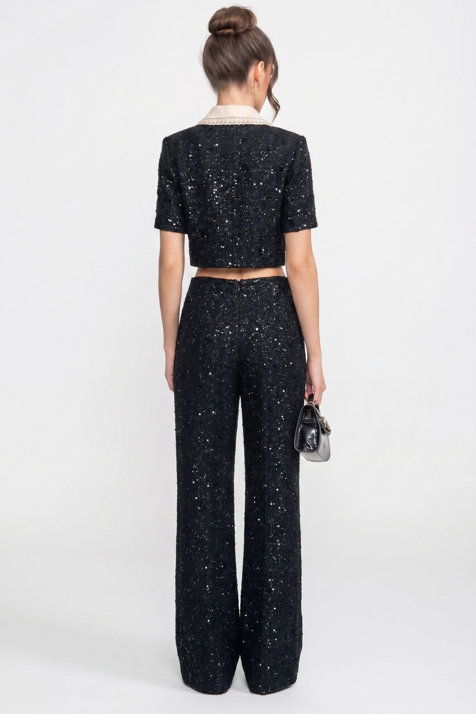 Pantaloni Tweed Wide-Leg Cu Detaliu Din Paiete - Negru 