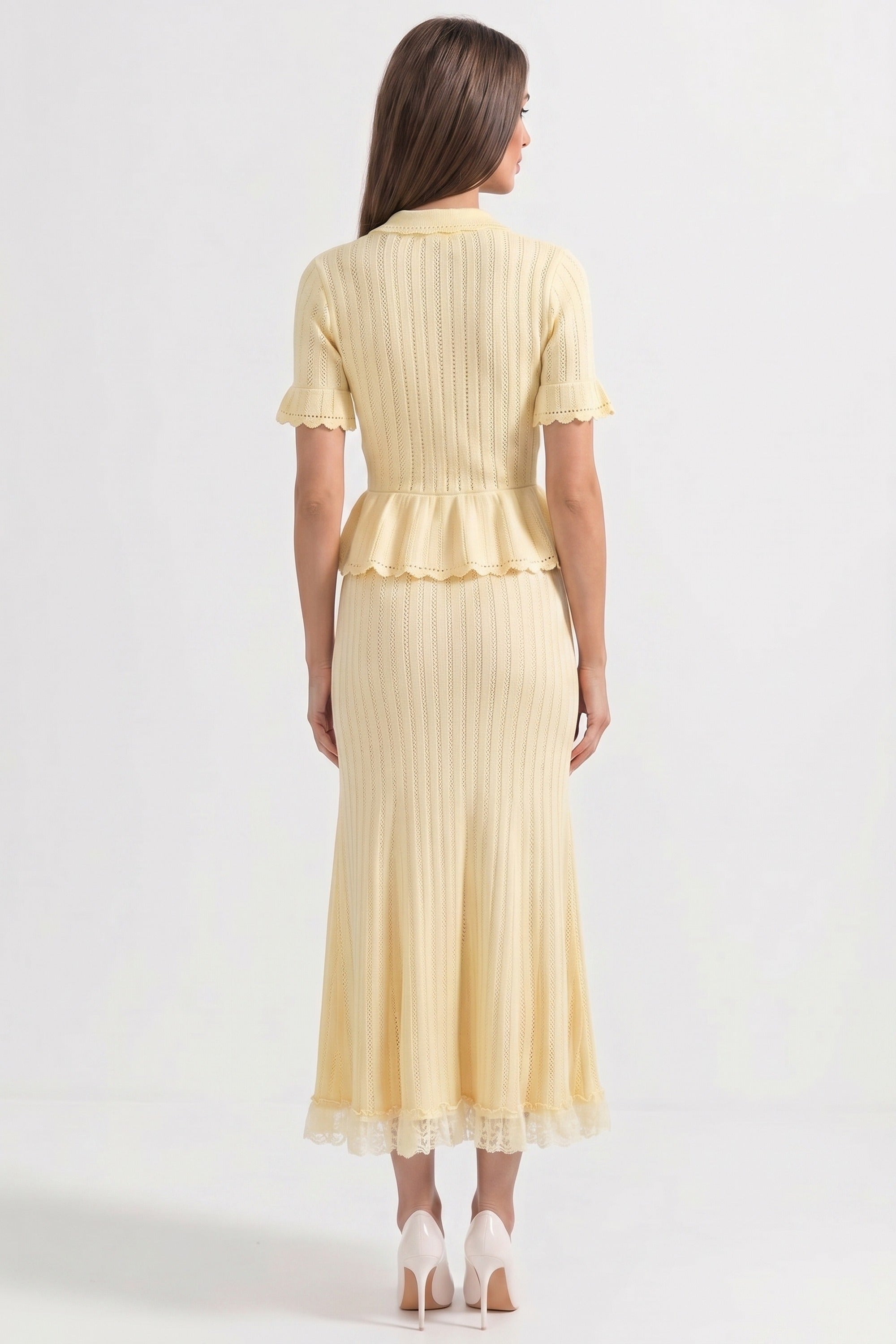 Rochie maxi tricotată peplum cu guler Peter Pan și tiv din dantelă - Galben 
