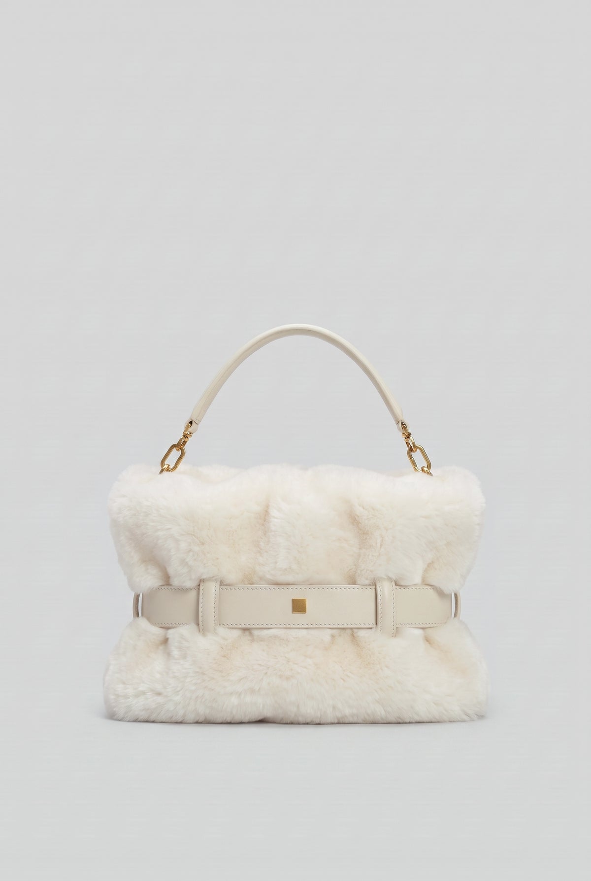 Faux Fur Handbag with Belt Buckle Detail – White