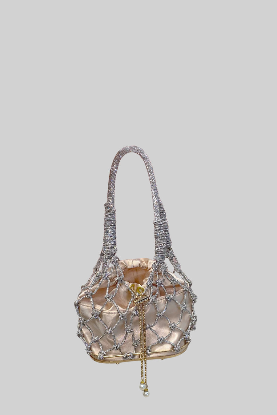 Oval Netted Handbag With Beige Satin Drawstring Pouch - Silver