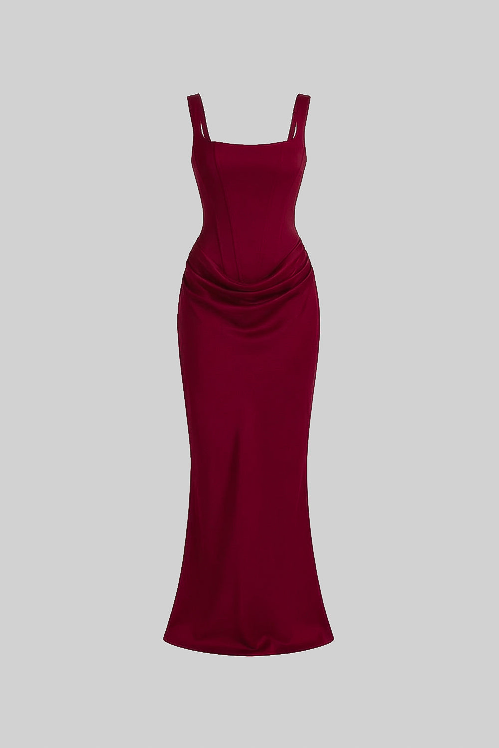 Corset Maxi Dress with Draped Hip Detail – Burgundy