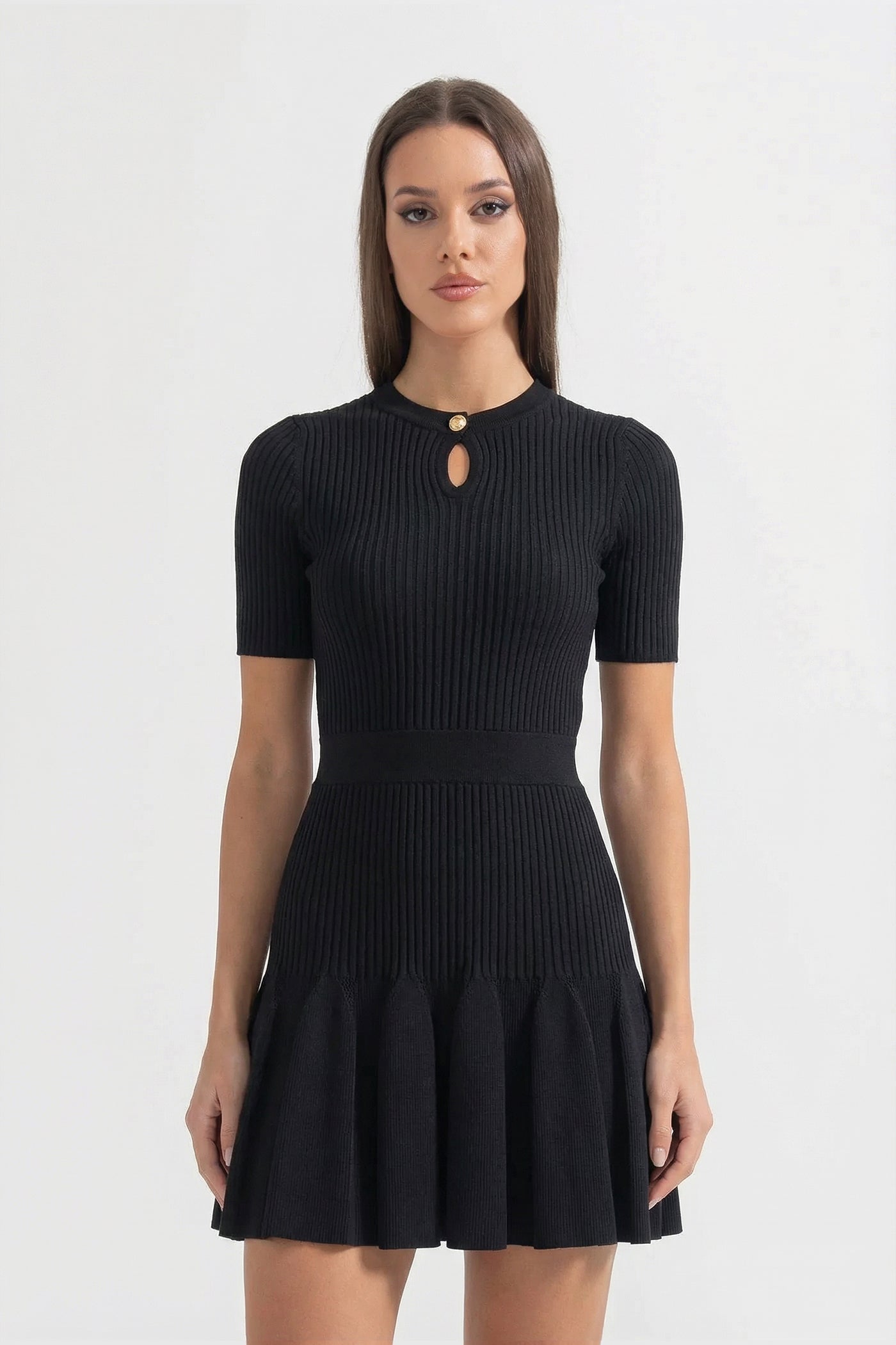 Rochie Mini Tricotată cu Dungi, Guler cu Decupaj și Nasturi Aurii - Negru 