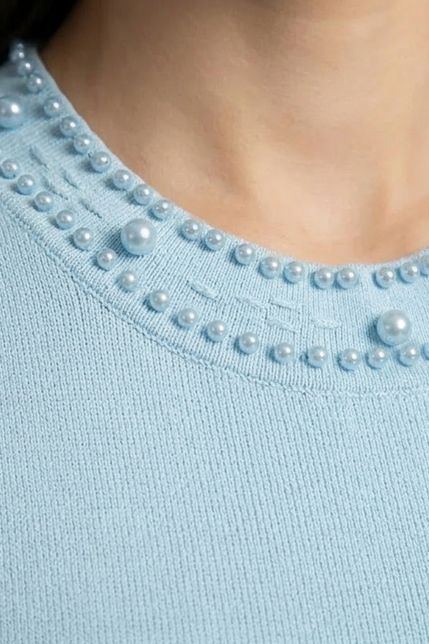 Knitted Sleeveless Midi Dress With Pearl Embellishments - Blue