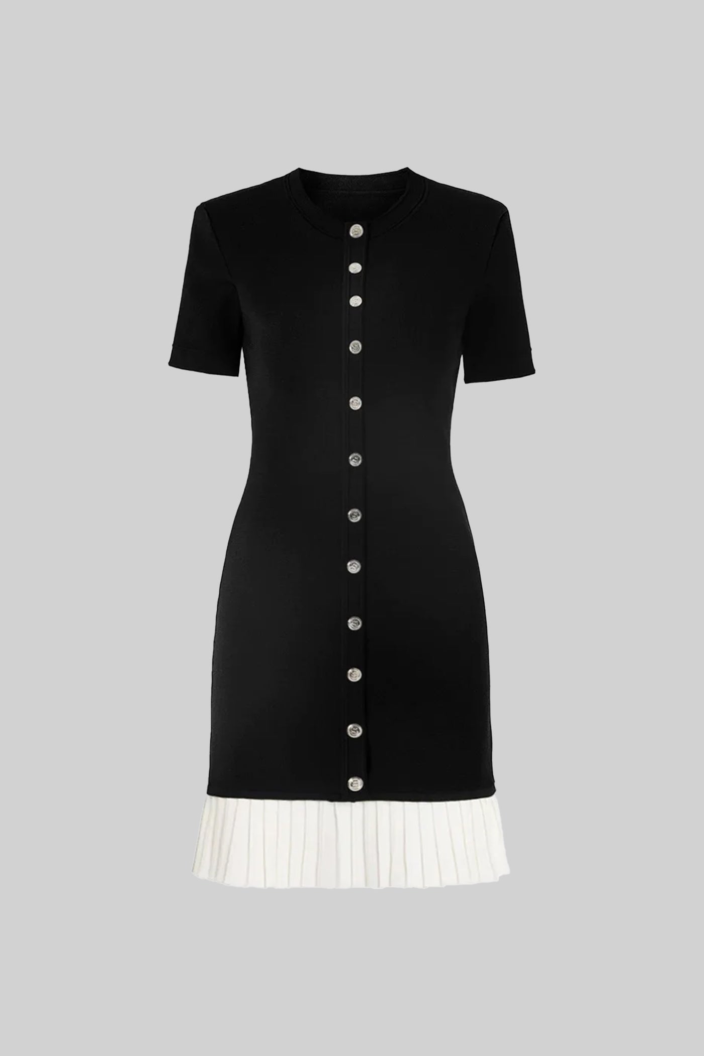 Rochie Mini cu Mâneci Scurte și Tiv Plisat Contrastant - Negru 