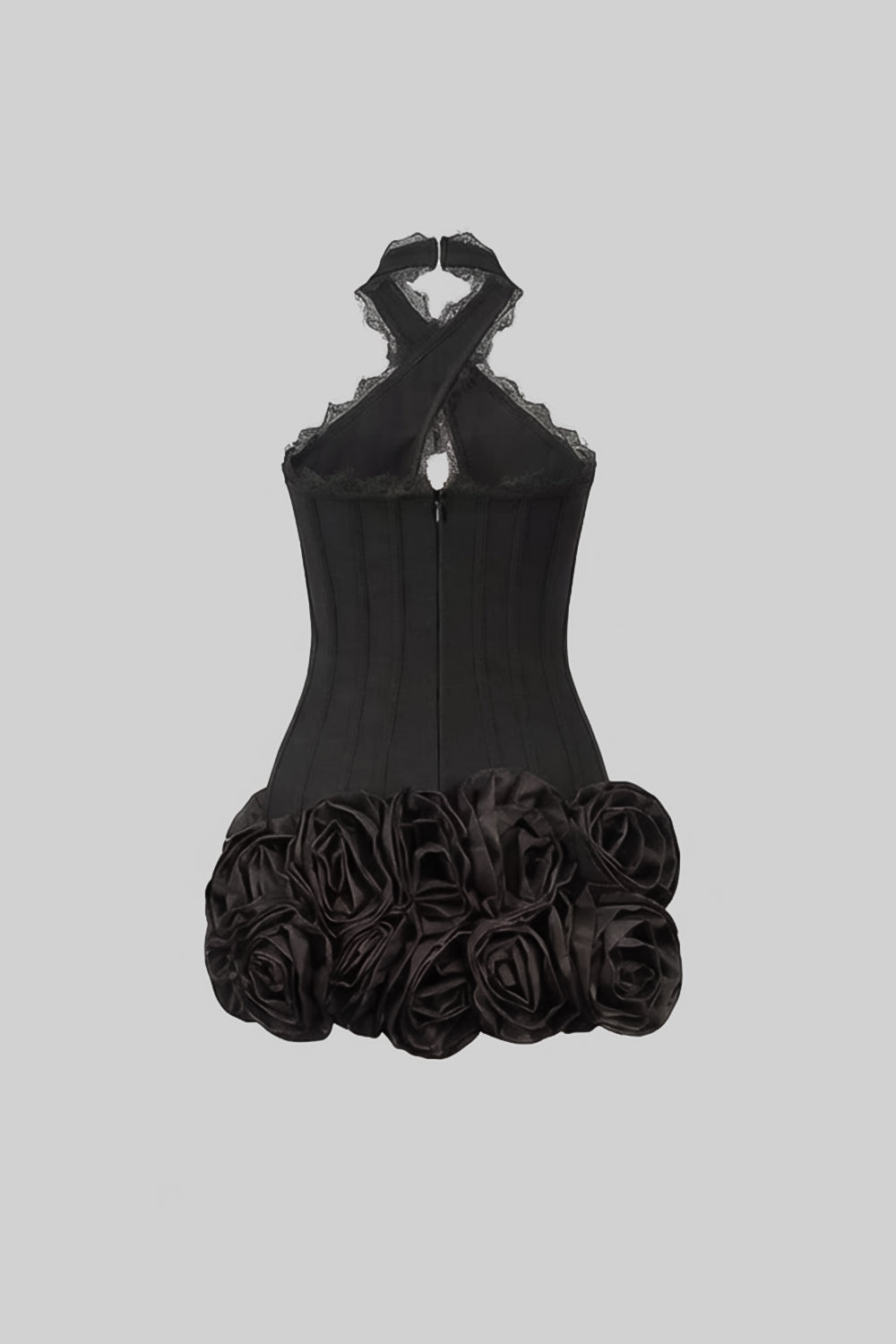 Rochie mini corset cu guler la gât și tiv cu trandafir 3D – Negru 