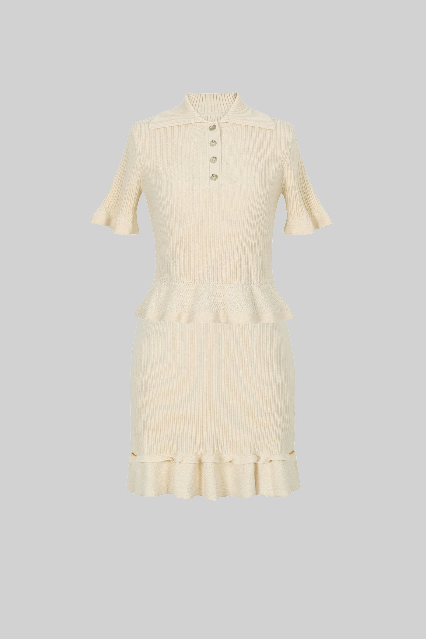 Set Polo din Tricot Ripilat cu Falduri la Tiv - Bej 