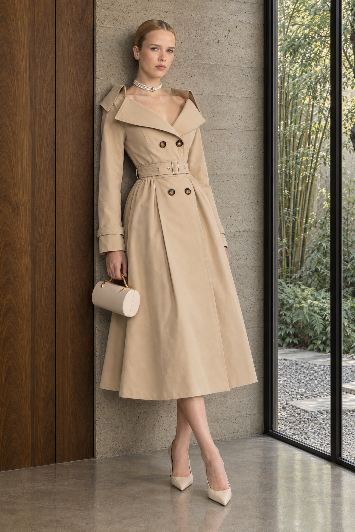 Off-Shoulder Collar Belted Trench Dress - Beige