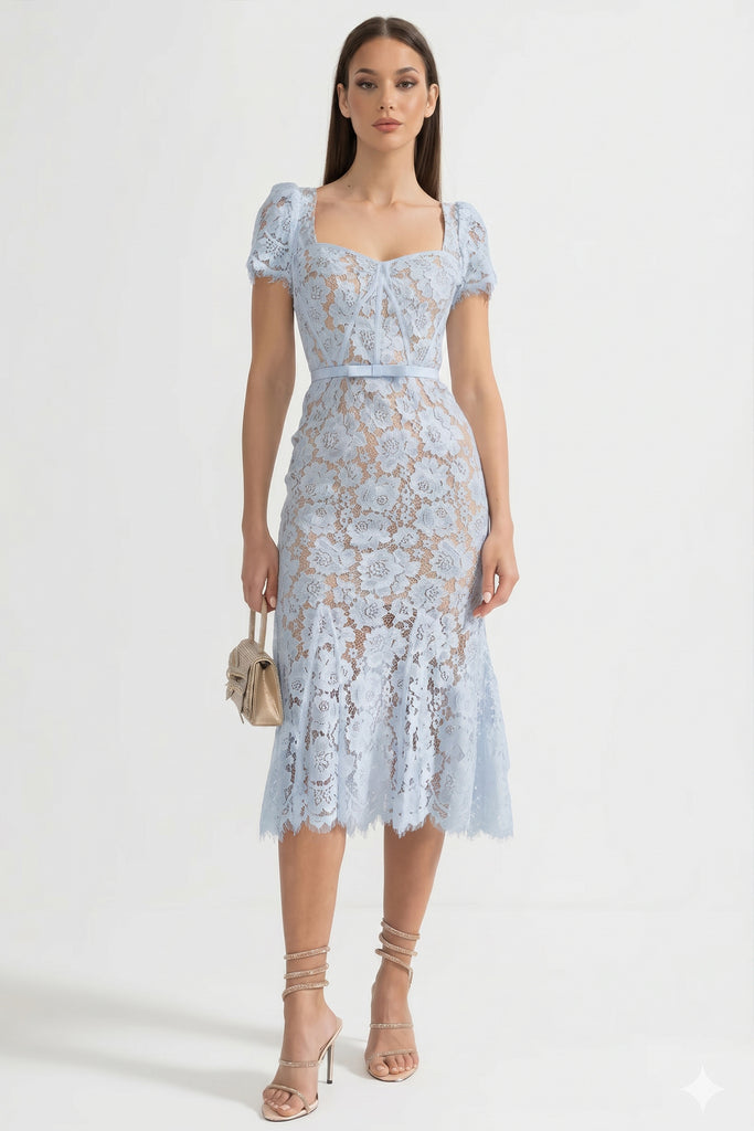 Rochie scurtă din dantelă cu curea delicată asortată în talie - Blue 