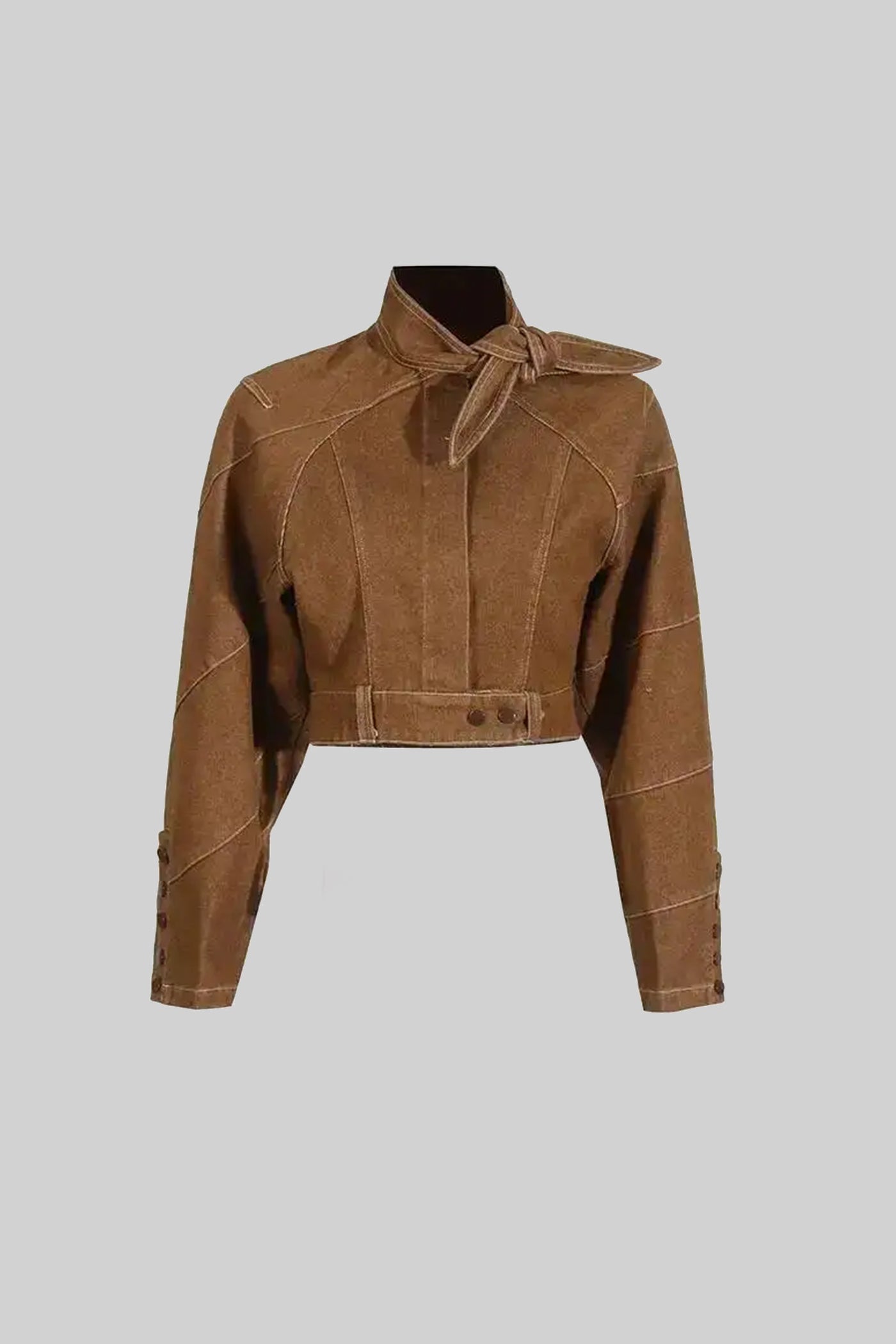 Suede Co-Ord Set With Tie-Neck Cropped Jacket And Wide-Leg Trousers - Brown