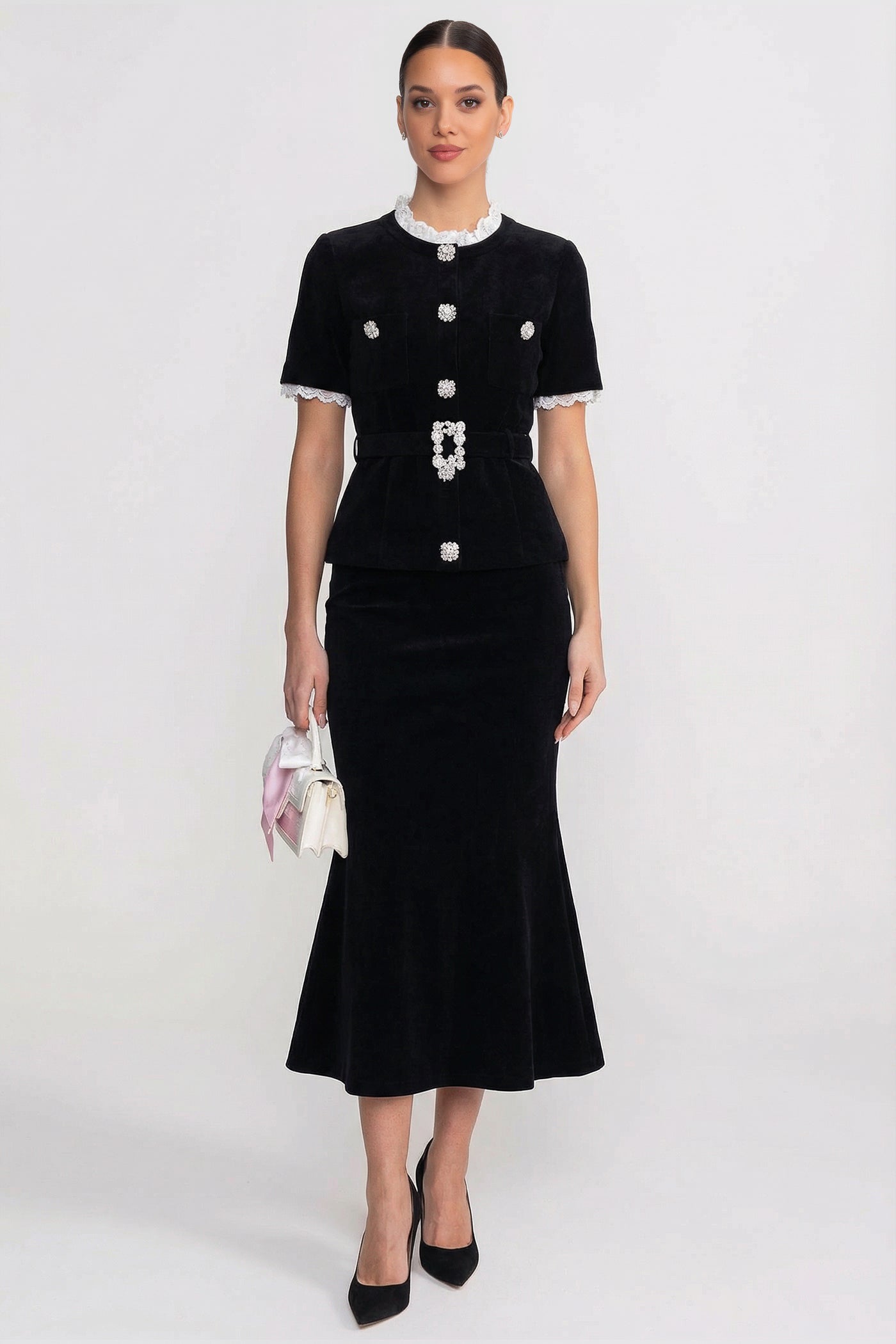 Short Sleeve Co-Ord With Peplum Waist And Crystal Button Belt - Black