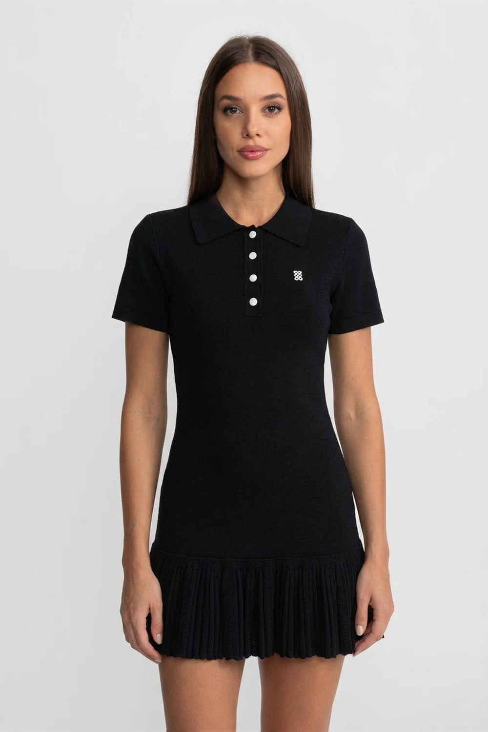 Rochie Mini Polo cu Mâneci Scurte și Tiv Plisat cu Volane - Negru 