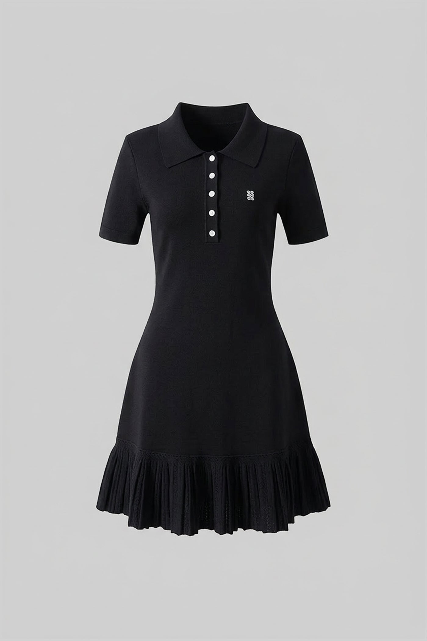 Rochie Mini Polo cu Mâneci Scurte și Tiv Plisat cu Volane - Negru 