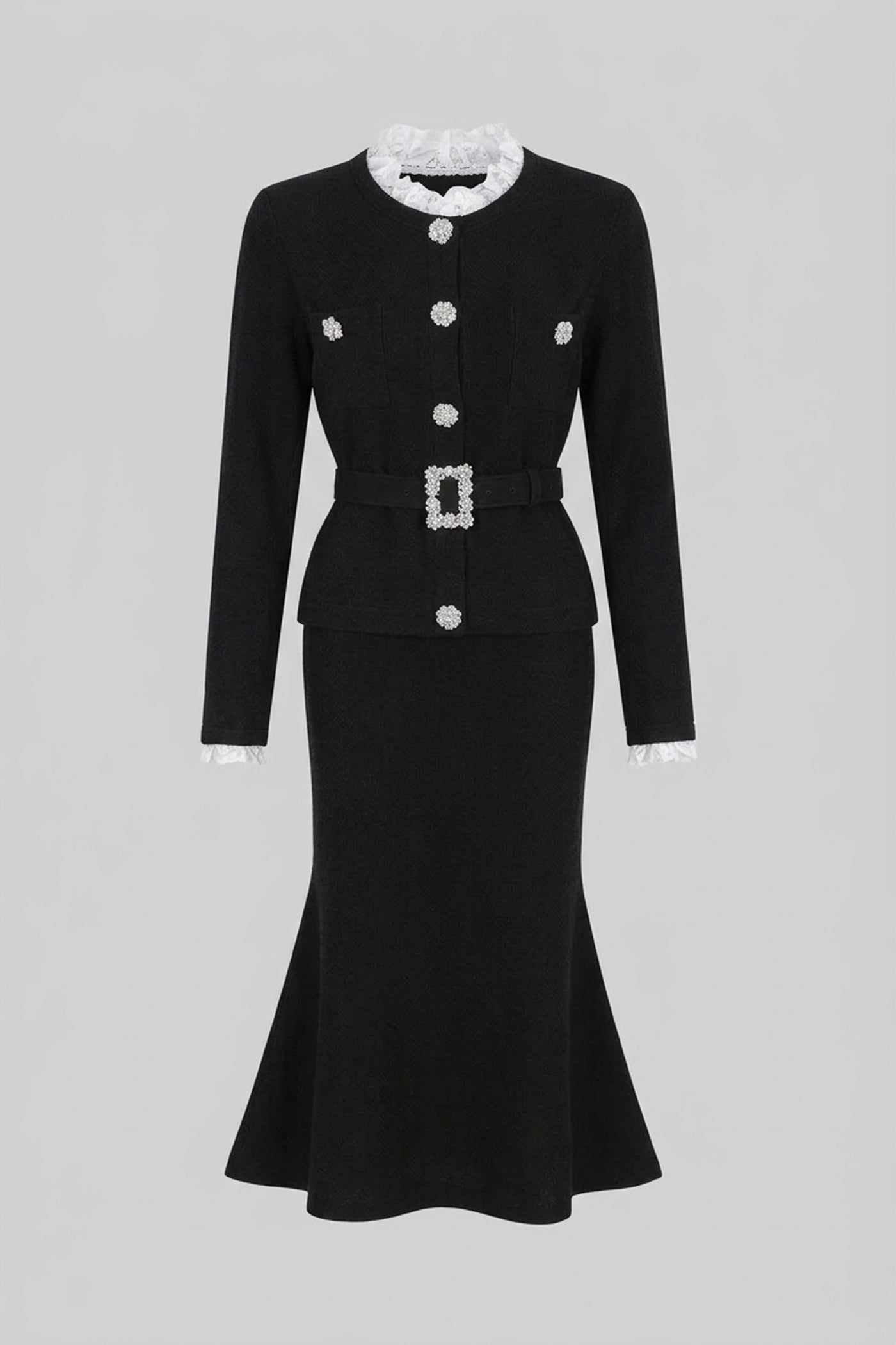 Long Sleeve Co-Ord With Fitted Knit Bodice And Crystal Button Detail - Black