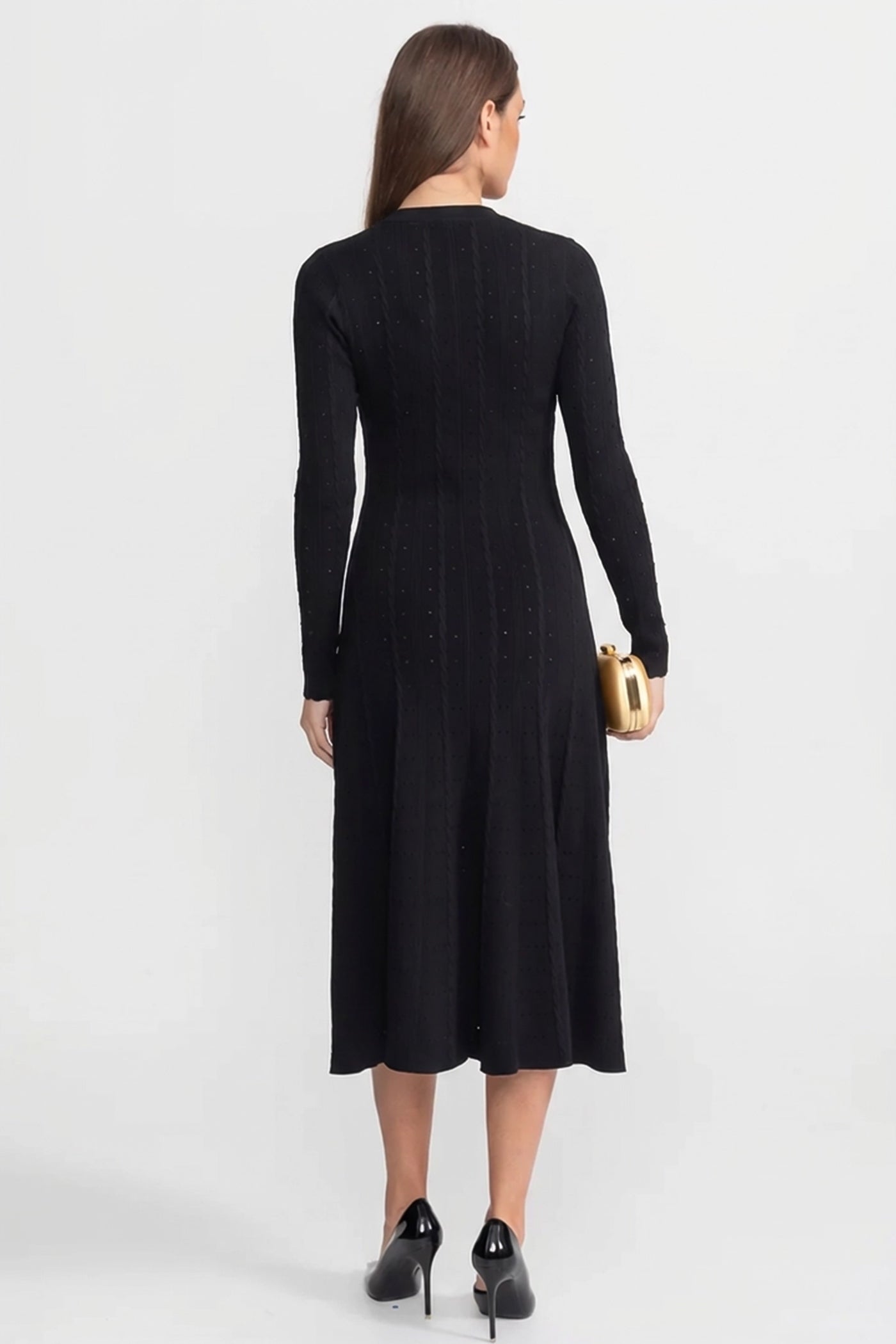 Rochie midi tricotată cu nasturi și detalii pointelle – Negru 