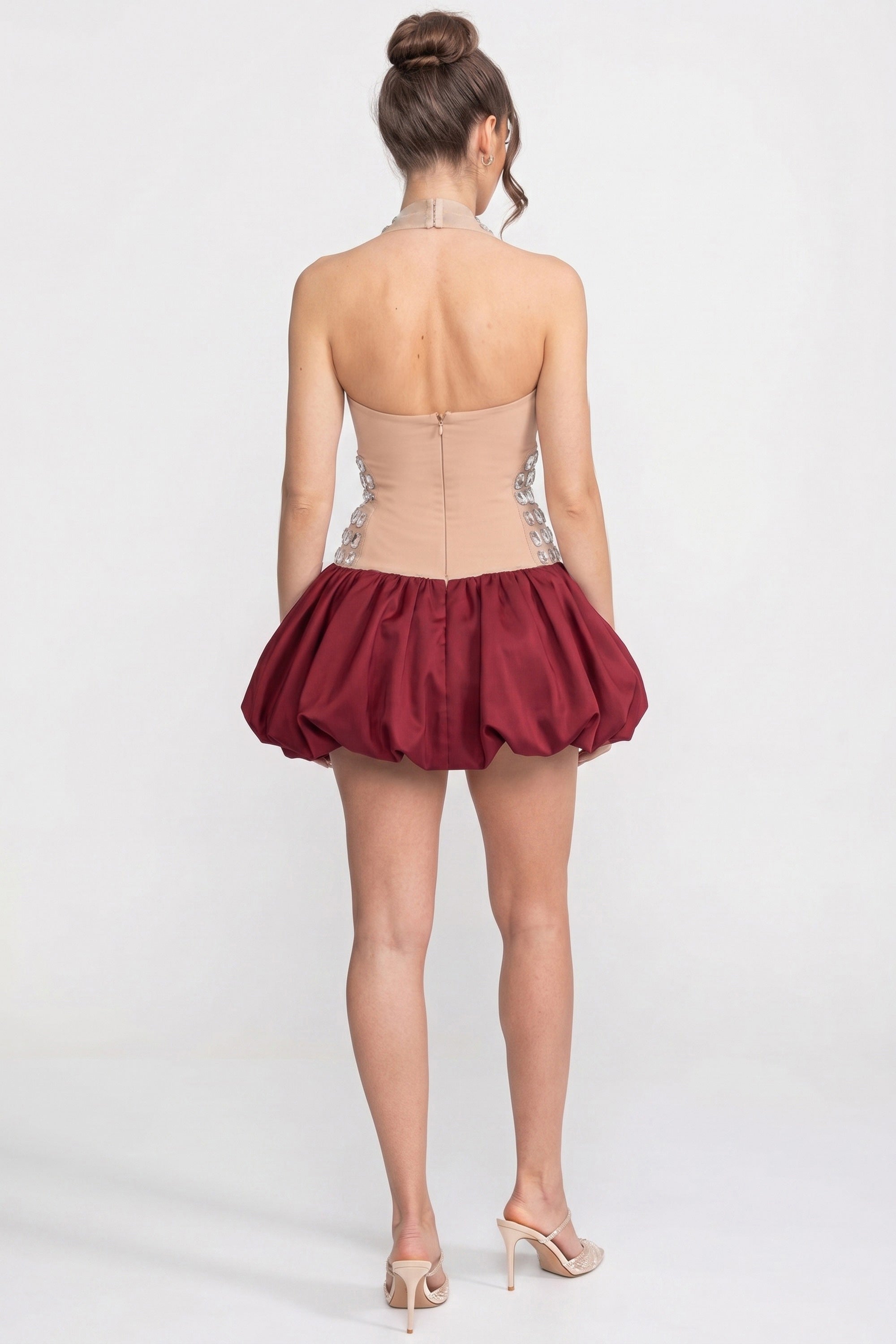 Rochie mini halter cu aplicații de cristale și fustă bubble - Roșu 