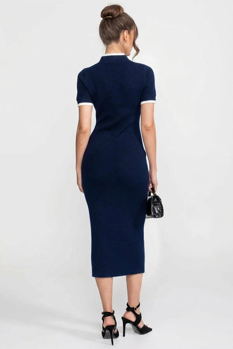 Rochie midi din tricot ribat, cu bordură contrastantă și buzunare decorative - Navy 