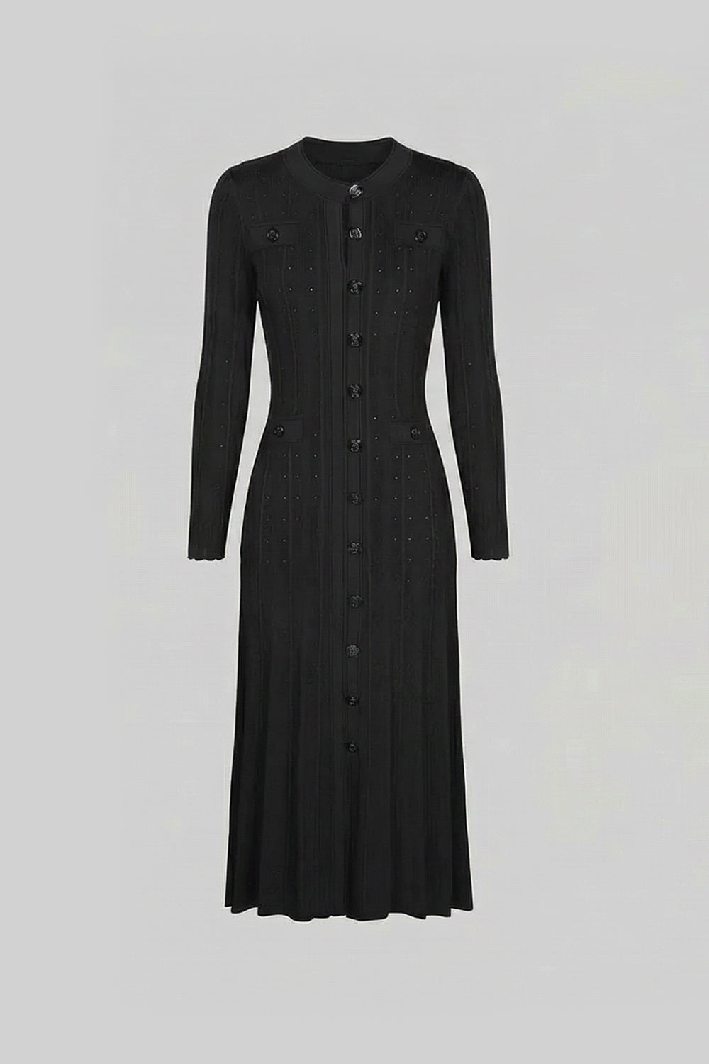 Knit Button-Front Midi Dress with Pointelle Detailing – Black