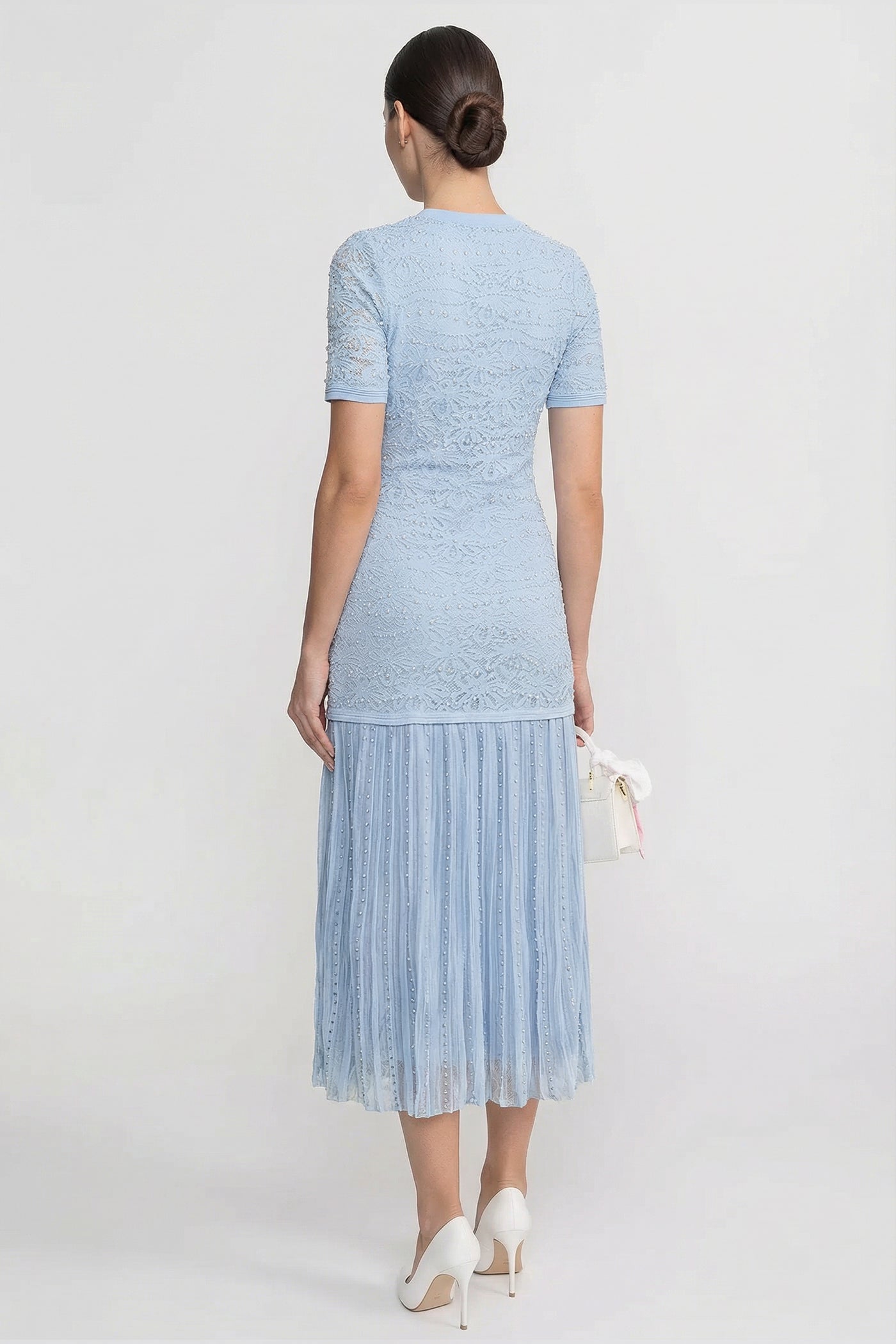 Short Sleeve Midi Dress With Pearl Embellishments - Powder Blue