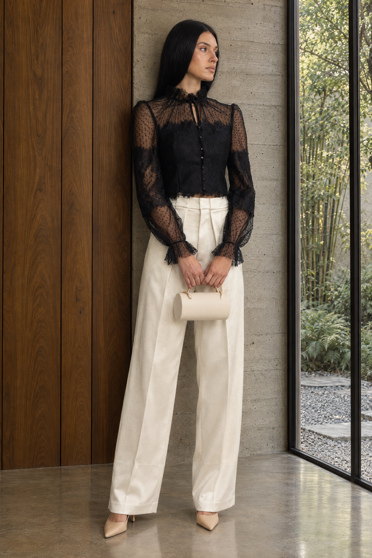 Ruffle Neck Lace and Dot Mesh Cropped Blouse - Black