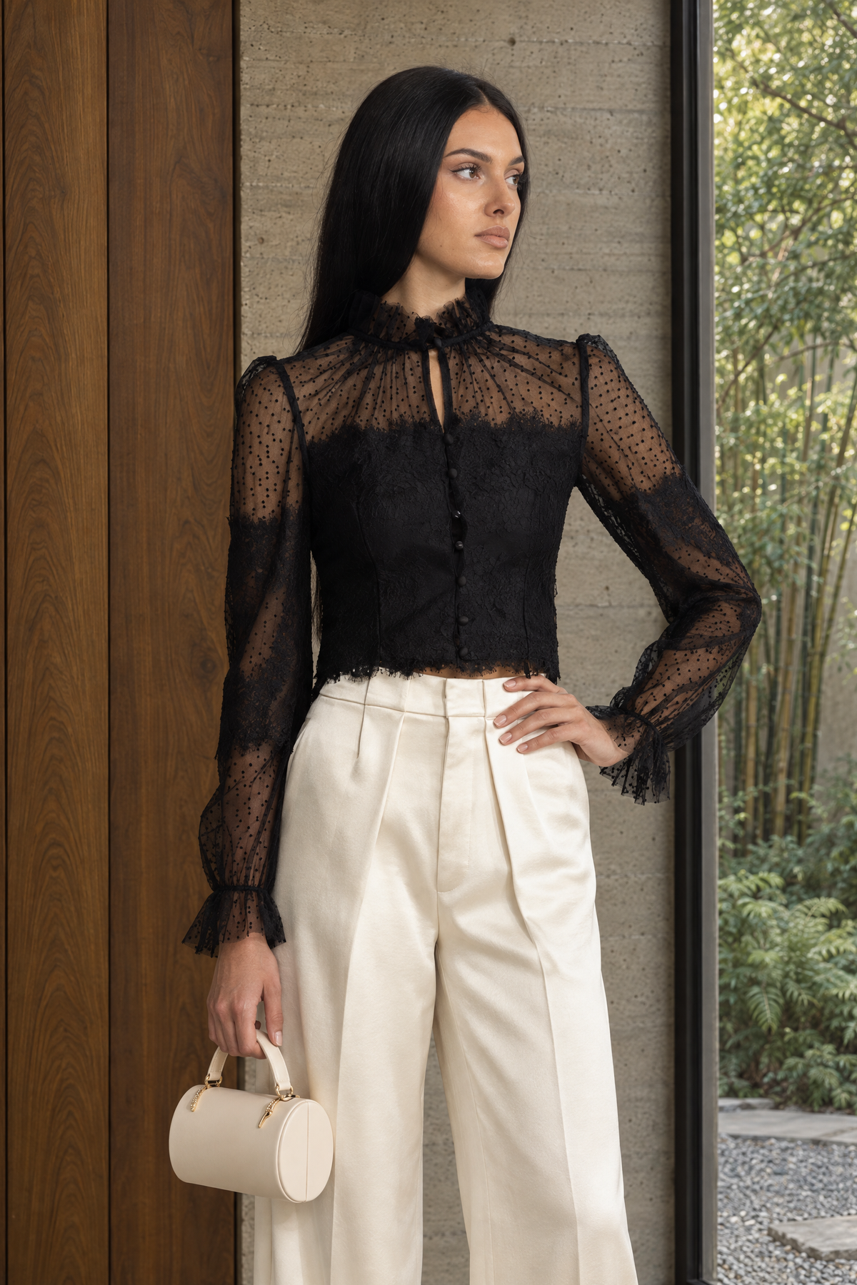 Ruffle Neck Lace and Dot Mesh Cropped Blouse - Black