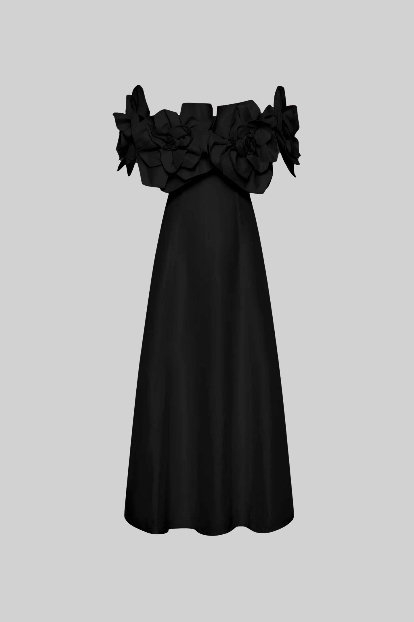 Rochie Midi Off-Shoulder cu Accente Mari Florale din Material - Negru 