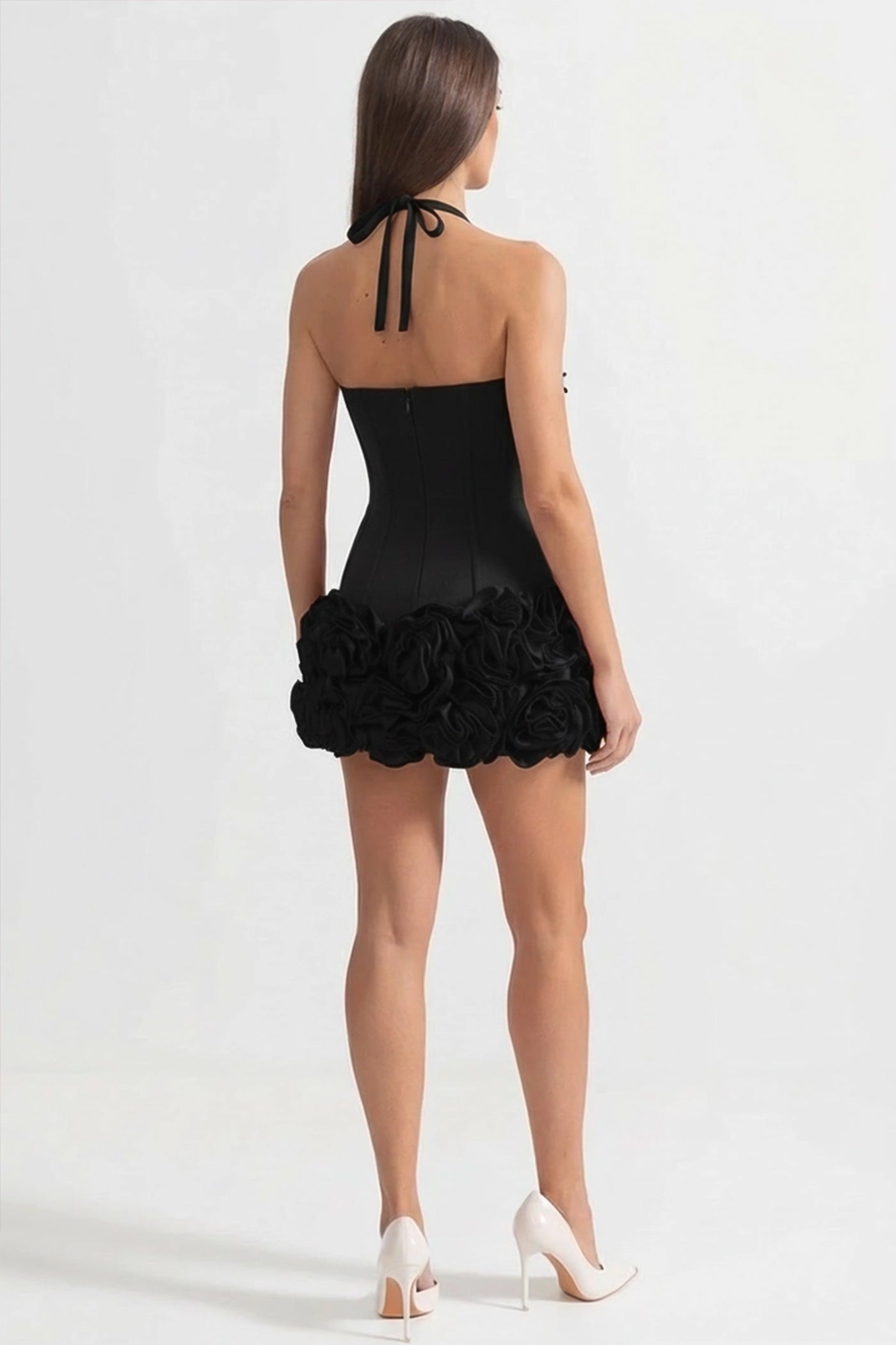 Corset Mini Dress with Sculpted Floral Hem – Black