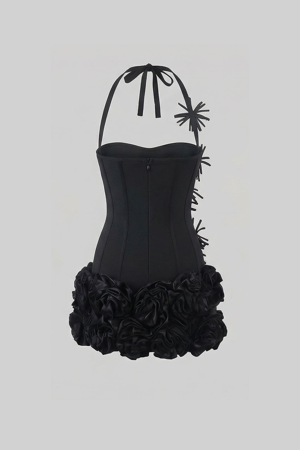 Corset Mini Dress with Sculpted Floral Hem – Black