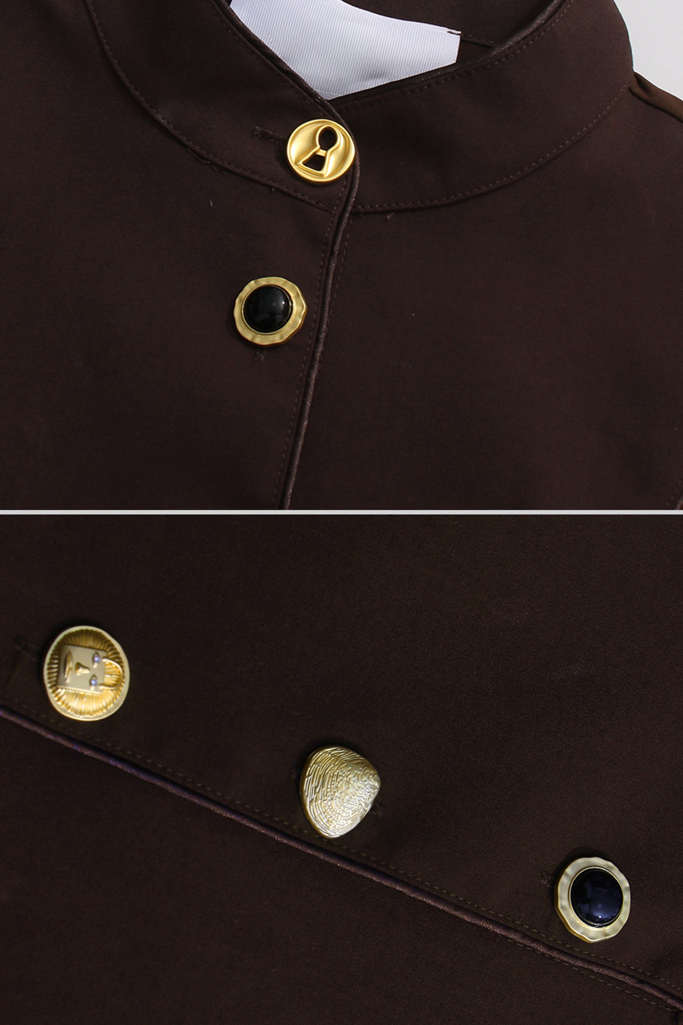 Draped Maxi Dress with Gold Statement Buttons - Brown