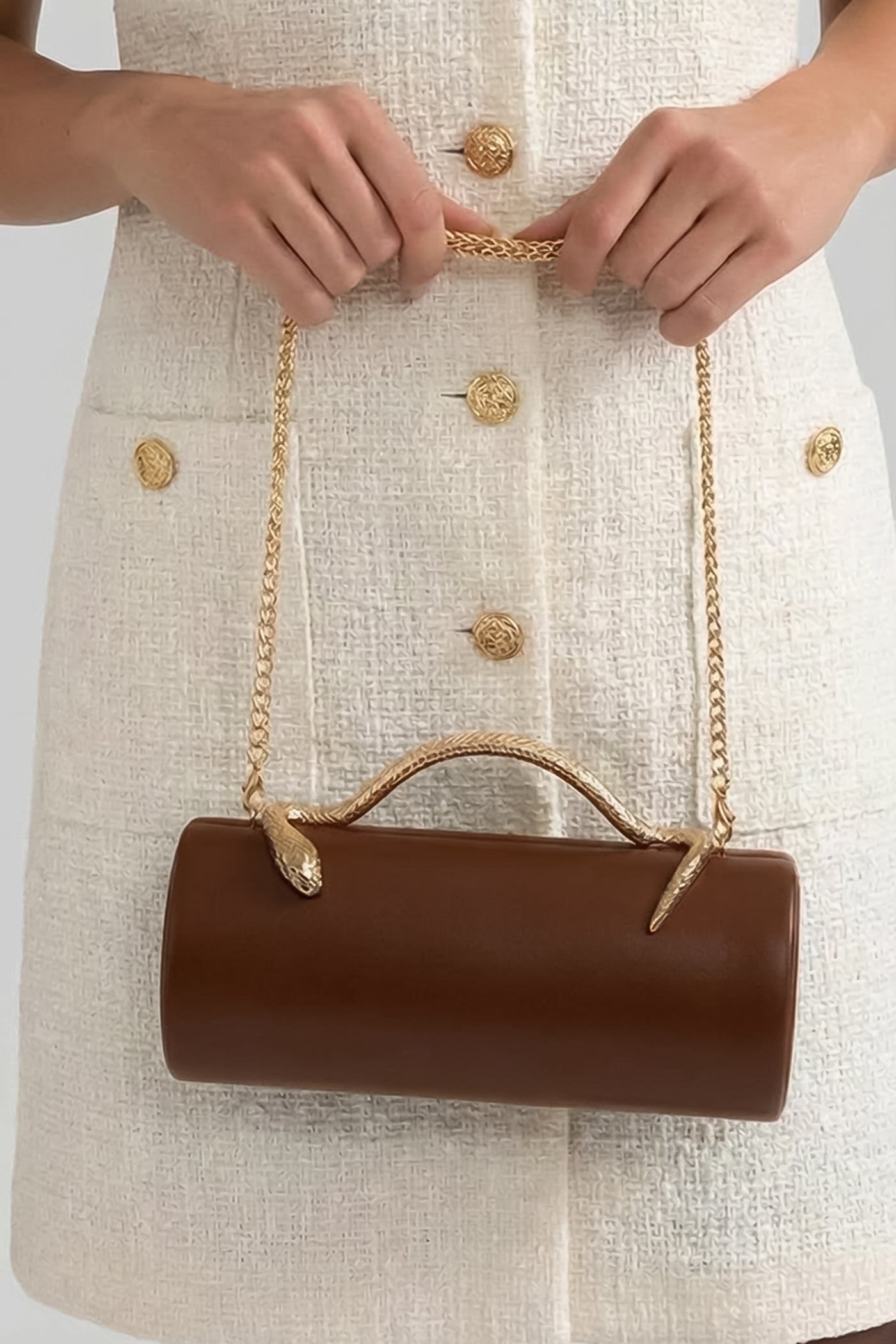 Structured Clutch Bag with Snake Handle And Gold Chain – Brown