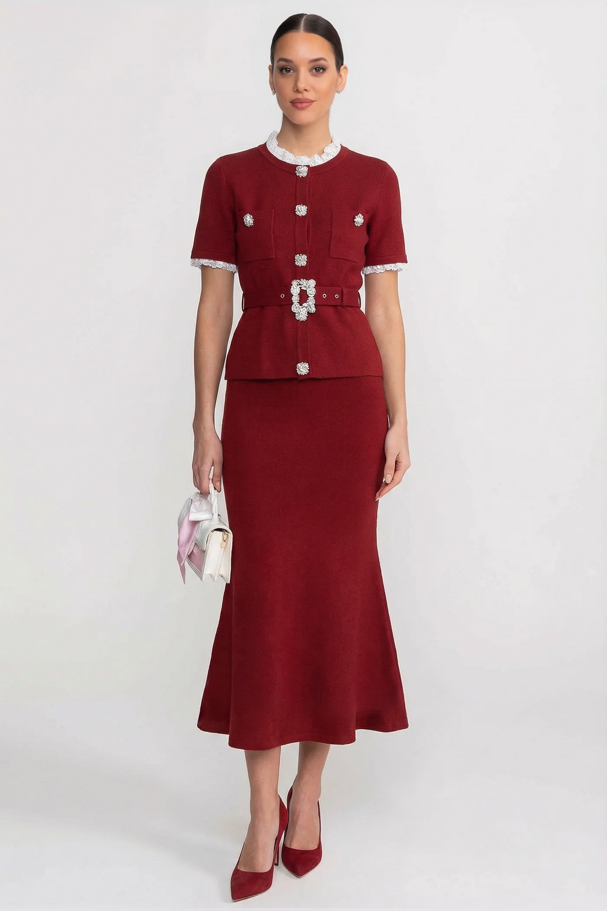 Set cu mânecă scurtă, talie peplum și curea cu nasturi de cristal - Burgundy 