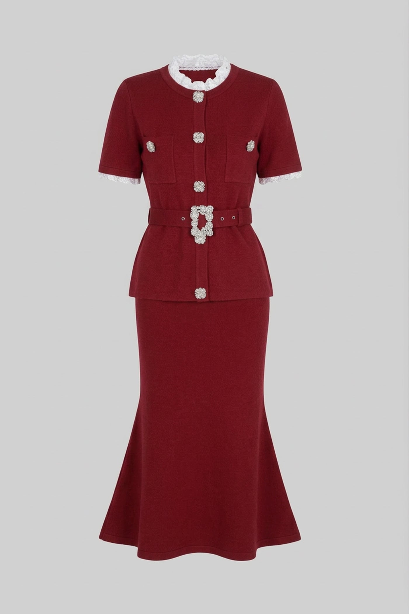 Set cu mânecă scurtă, talie peplum și curea cu nasturi de cristal - Burgundy 