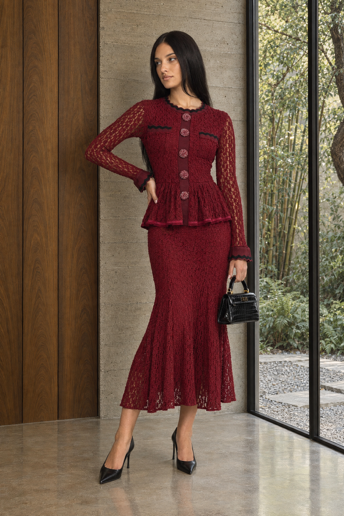 Rochie midi din tricot croșetat cu peplum și finisaj ric-rac - Wine 