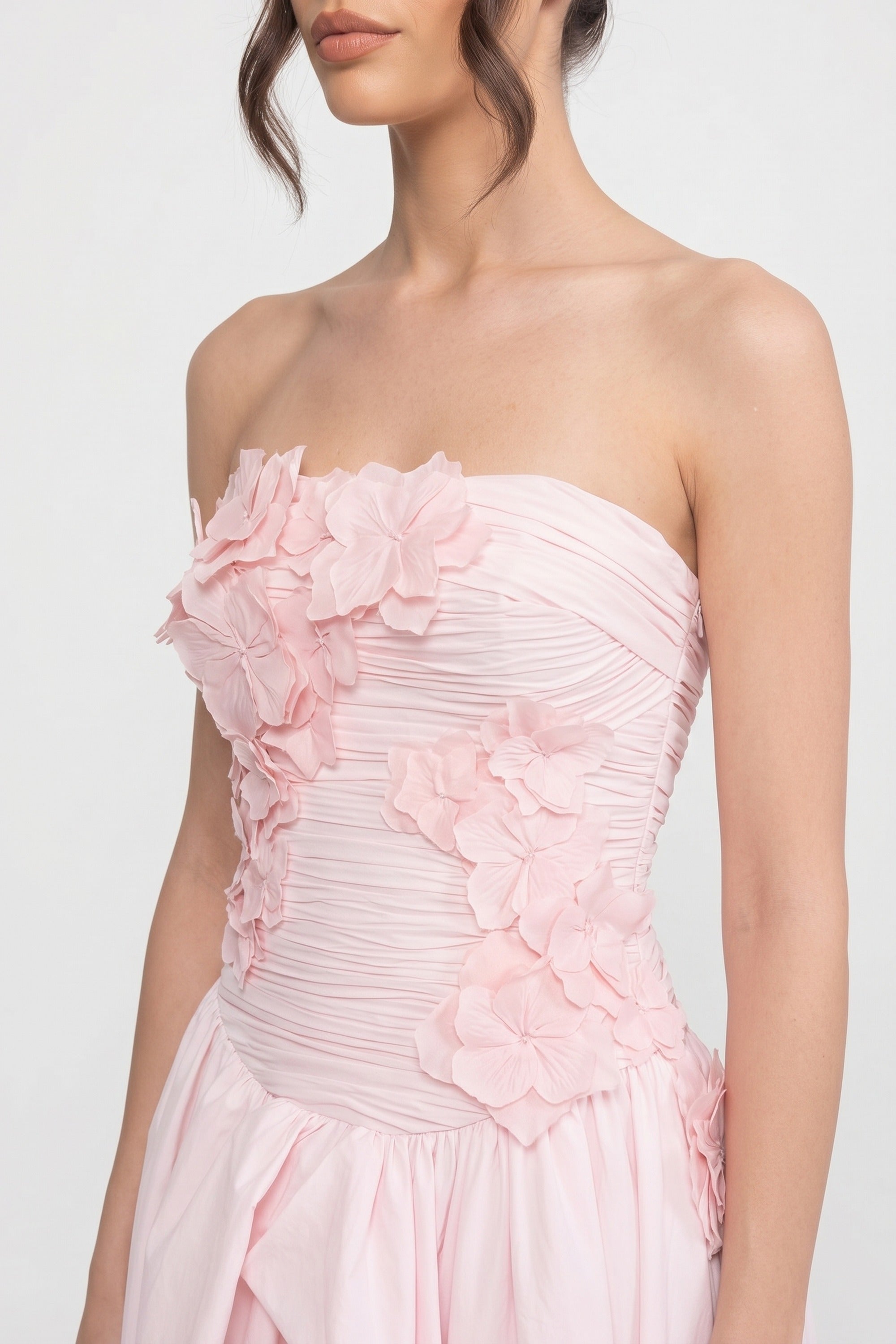 Rochie tip ballgown fără bretele, cu corsaj floral 3D și fustă amplă - Pink 